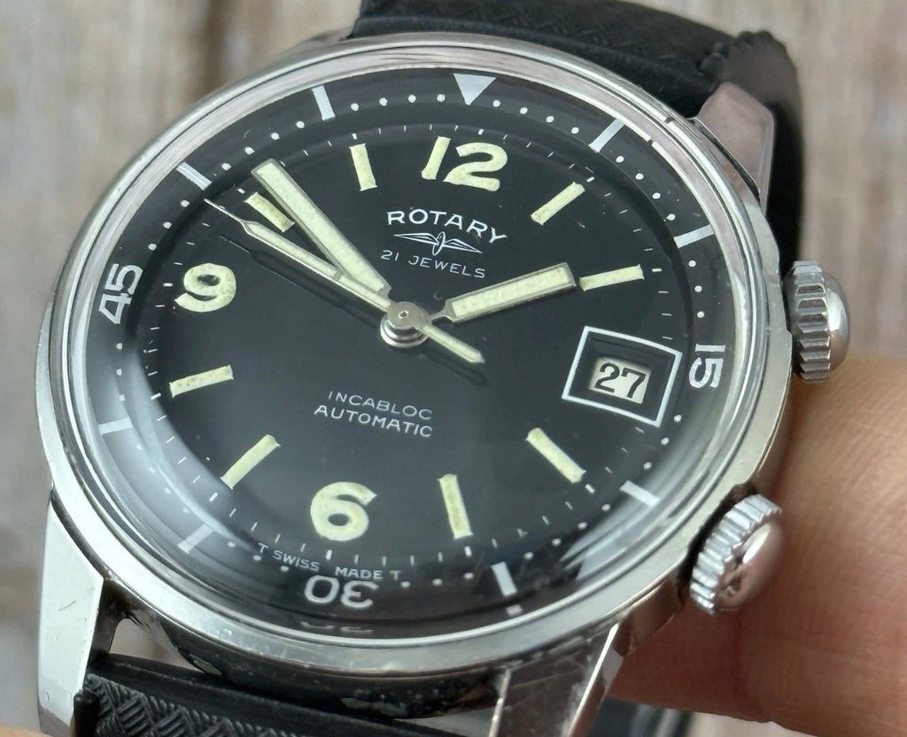 RARE VINTAGE ROTARY COMPRESSOR DIVER MEN WRISTWATCH 1960s Box & Papers 36mm