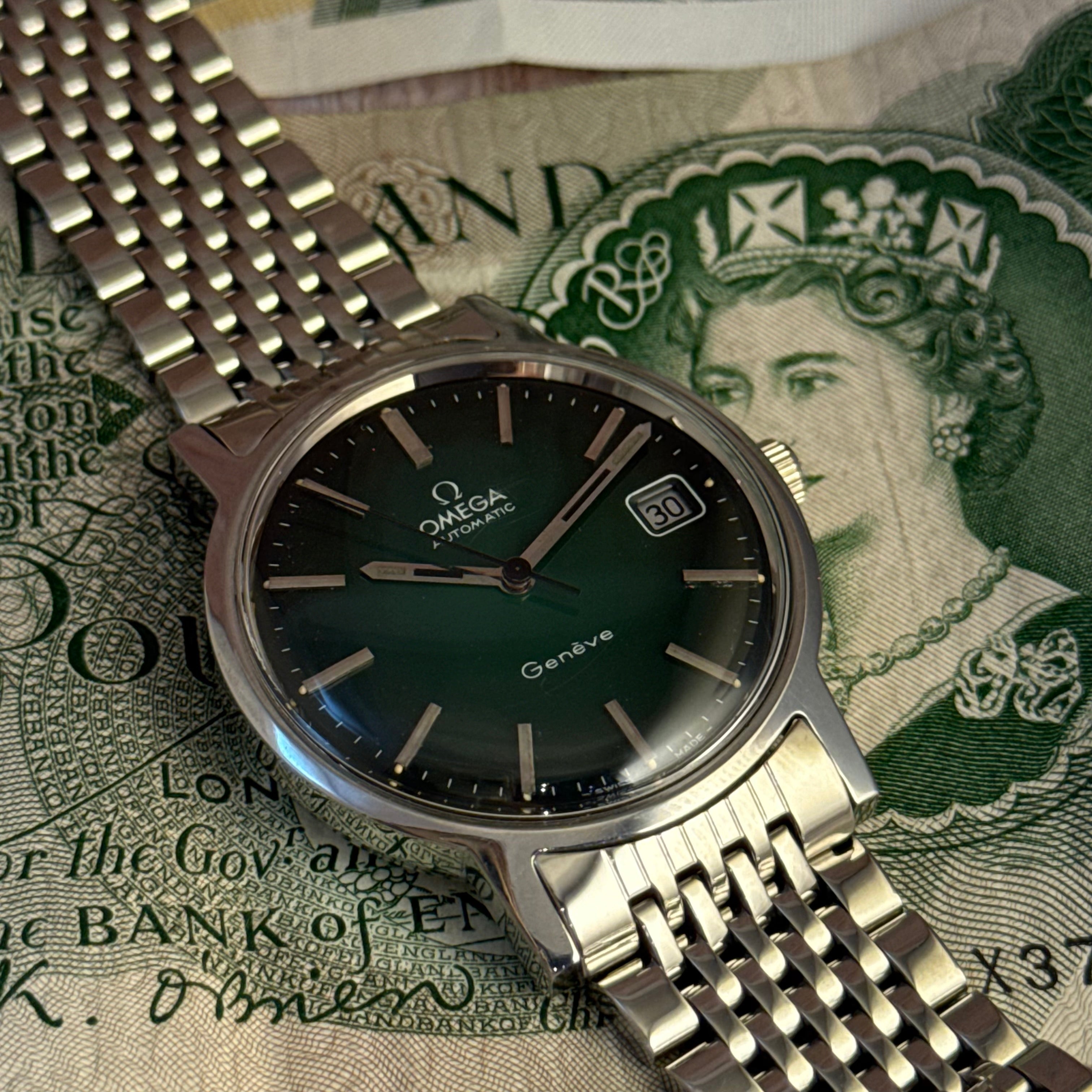 1972 Omega automatic Genéve green “money” dial men’s wrist watch