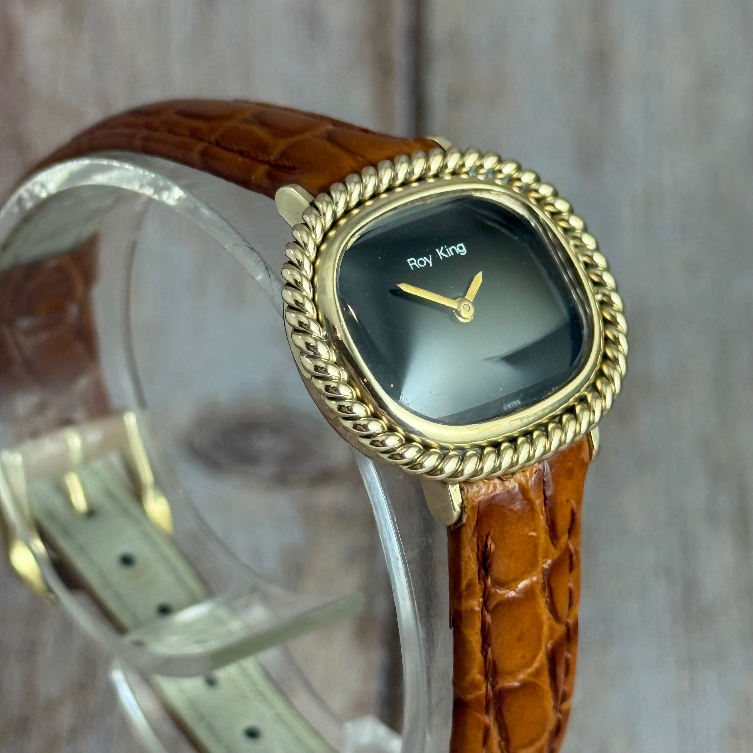 1970s Roy King 9ct solid gold ladies watch onyx dial boxed