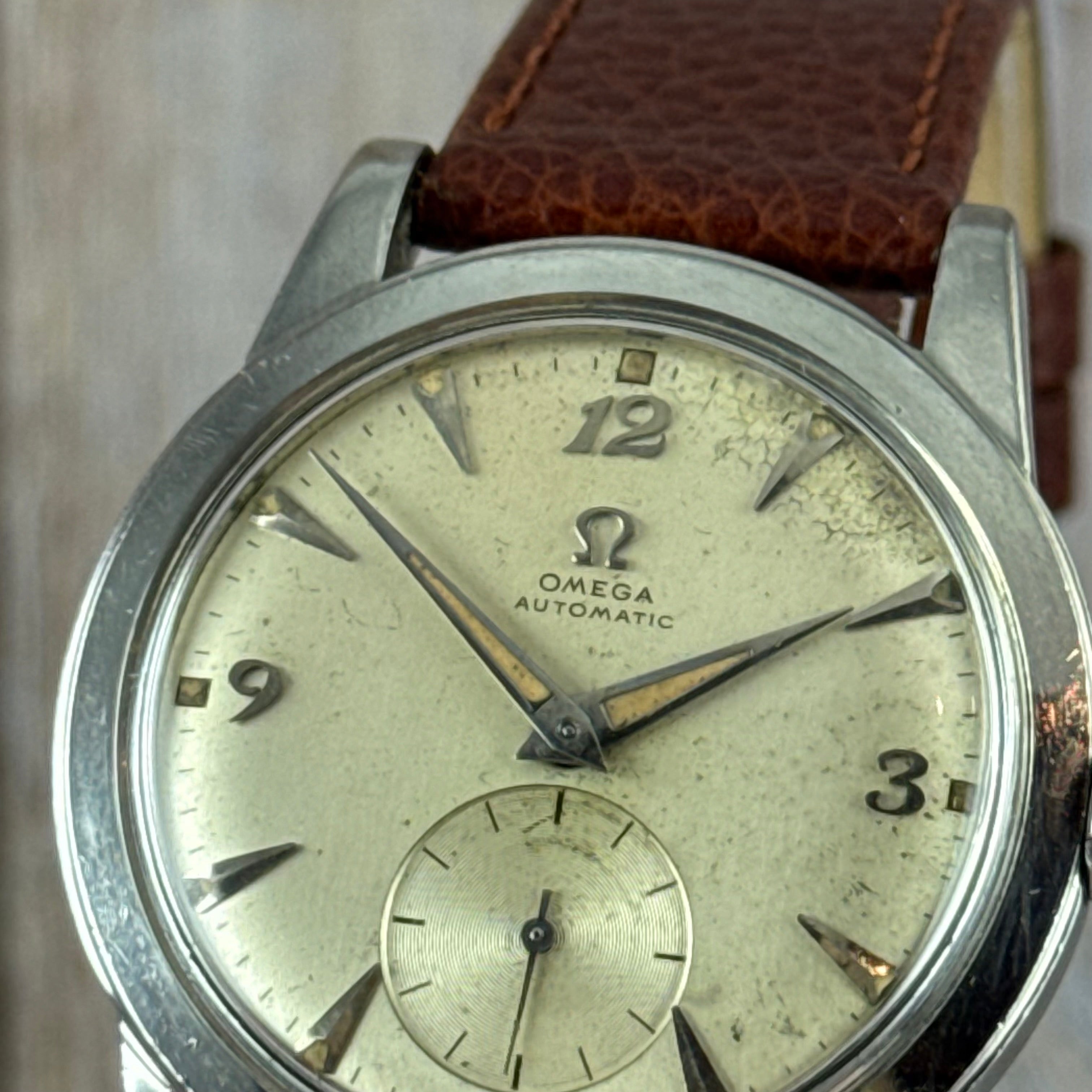 1950 Omega Seamaster “bumper” automatic breguet numerals men’s watch 35mm