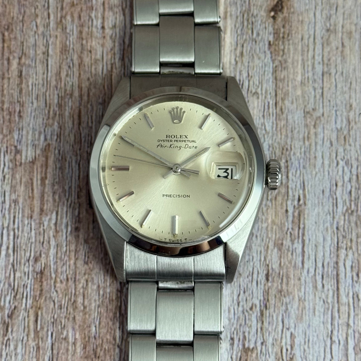 1971 Rolex Air King Date precision men’s steel automatic wrist watch 35mm (5700)