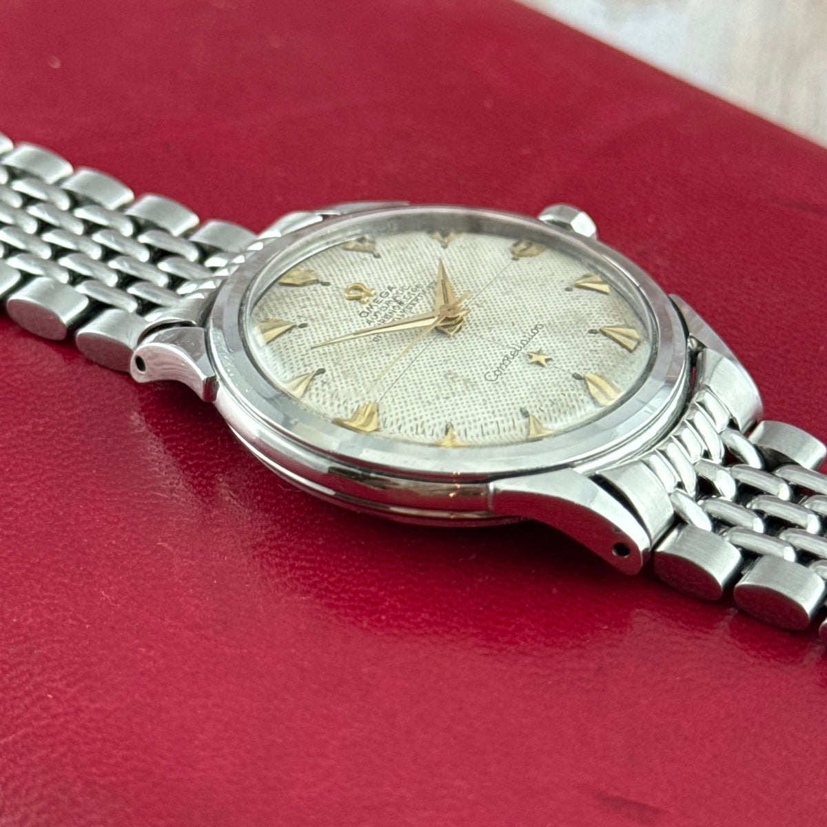1952 Omega Constellation automatic ‘honeycomb’ dial men’s wrist watch 35mm steel boxed