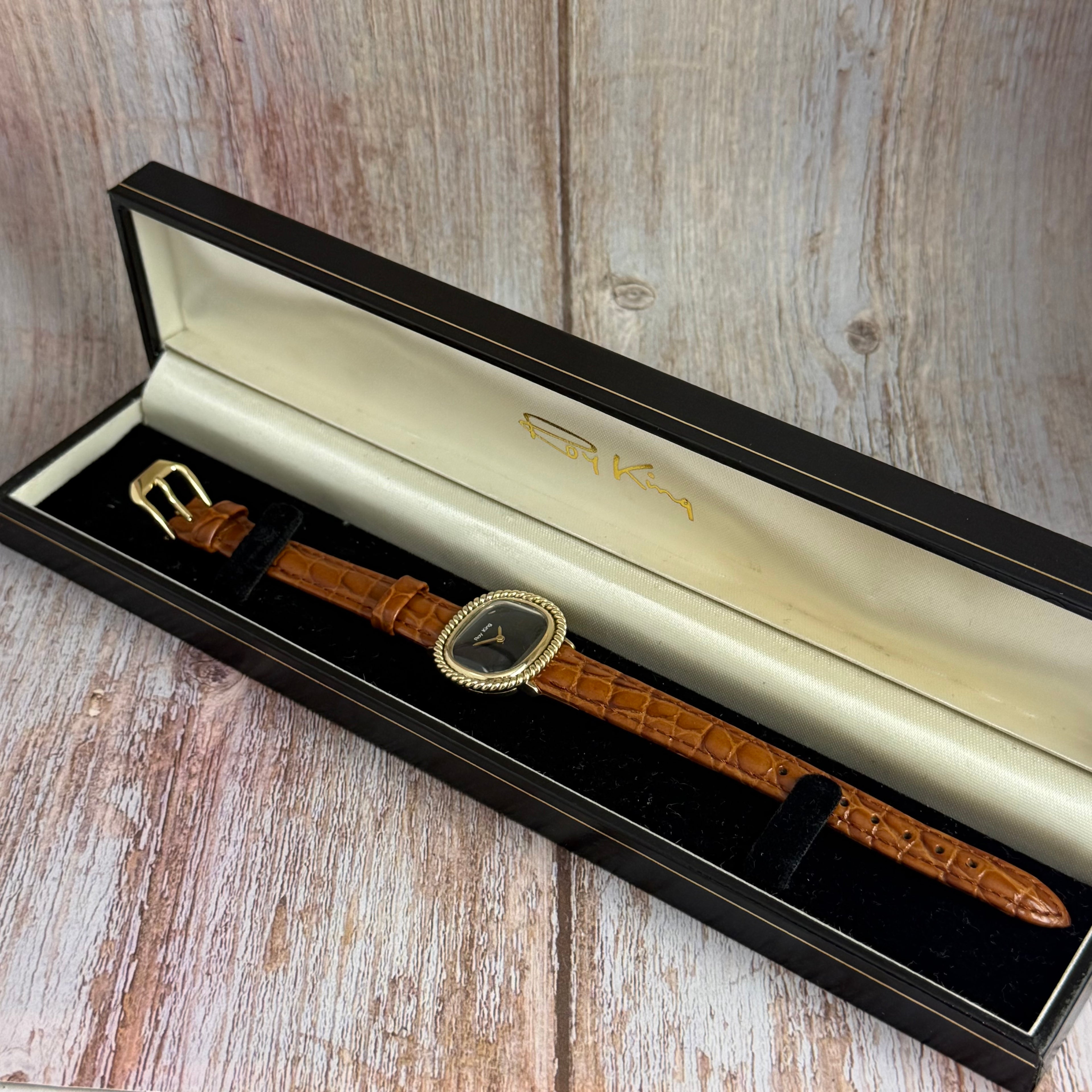 1970s Roy King 9ct solid gold ladies watch onyx dial boxed