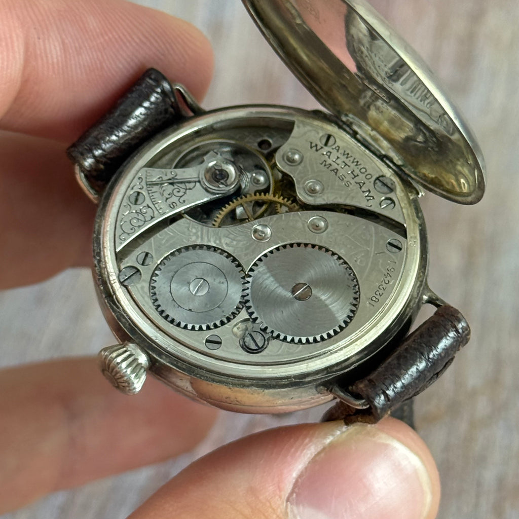 1910s Waltham Officers Trench wrist watch .925 solid silver case military style