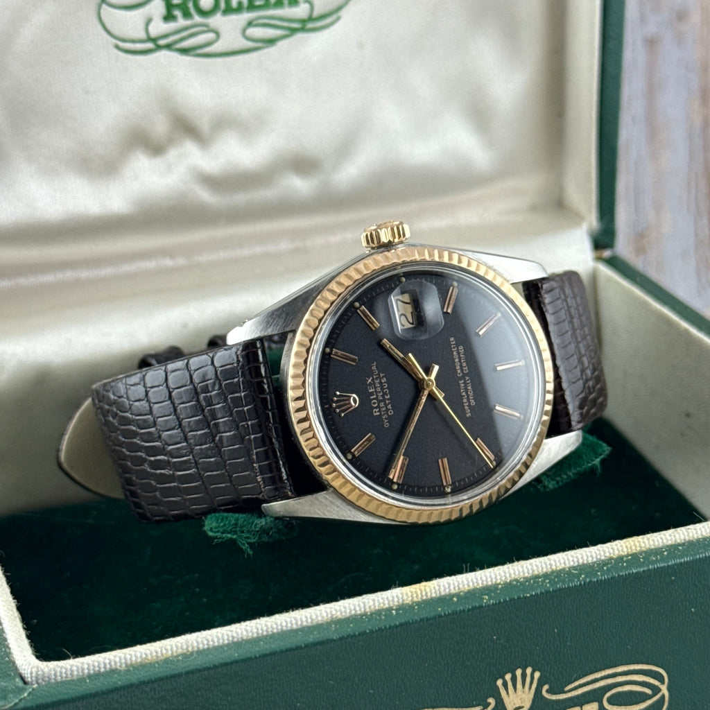 1974 Rolex Datejust 36 pink gold bi metal men’s wrist watch 1601 ‘black dial’ boxed