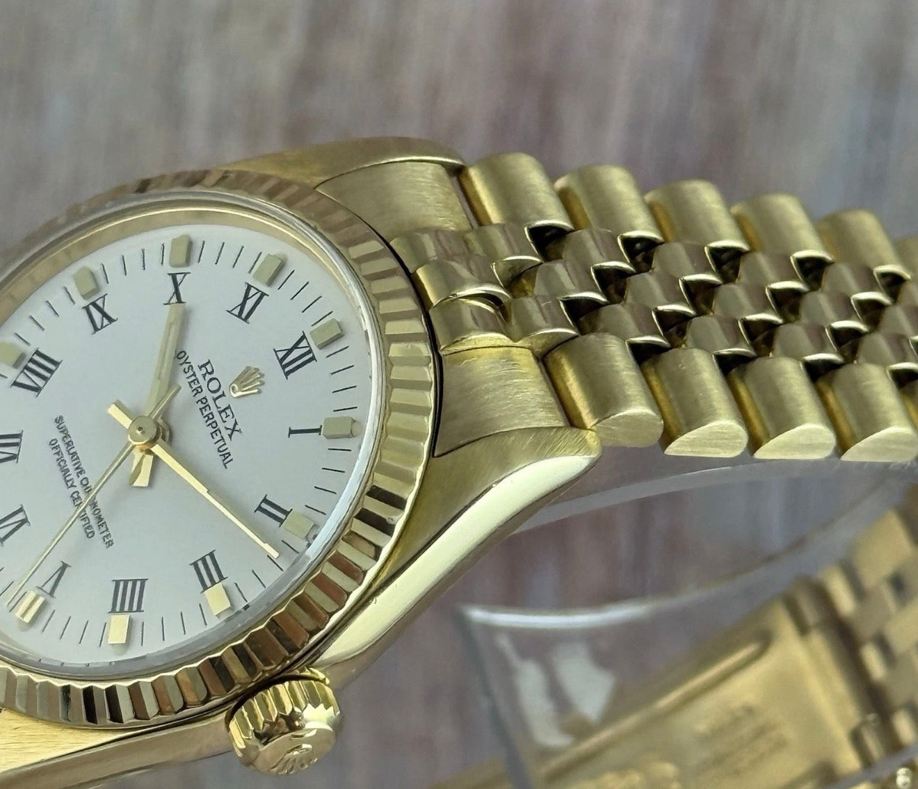 18ct Rolex Oyster Perpetual 31 Ladies Solid Gold Watch Bracelet Box Papers 1996
