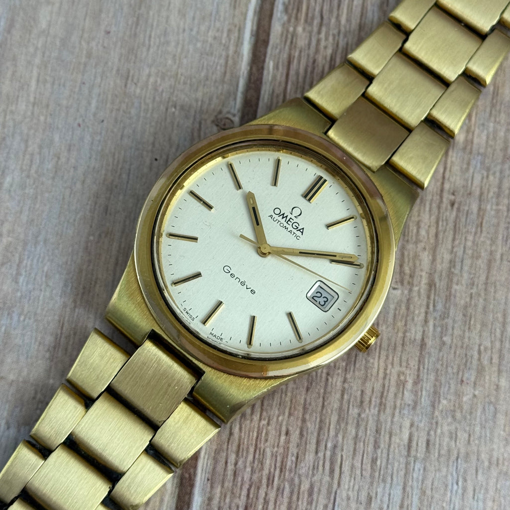 1973 Omega Geneve Automatic Men’s Gold Plated Watch Integral Bracelet 36mm