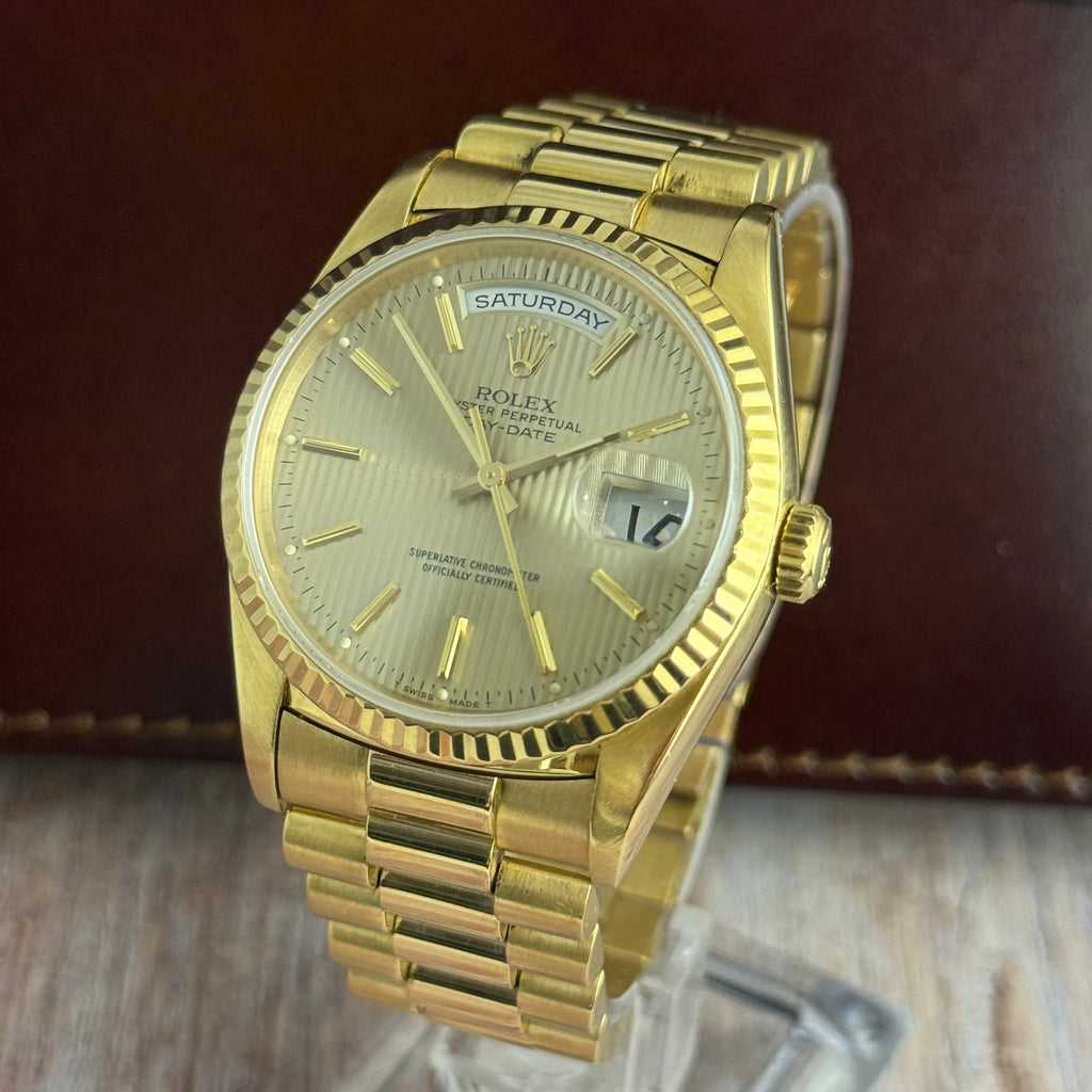 1989 Rolex Day-Date 36 ‘President’ men’s yellow gold watch tapestry dial gold jubilee bracelet, box & booklets
