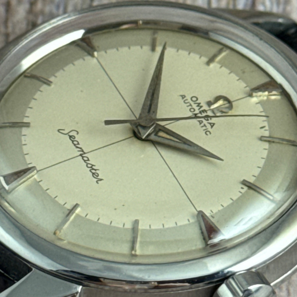 1958 Omega Seamaster automatic men’s cross-hair wrist watch two tone dial steel