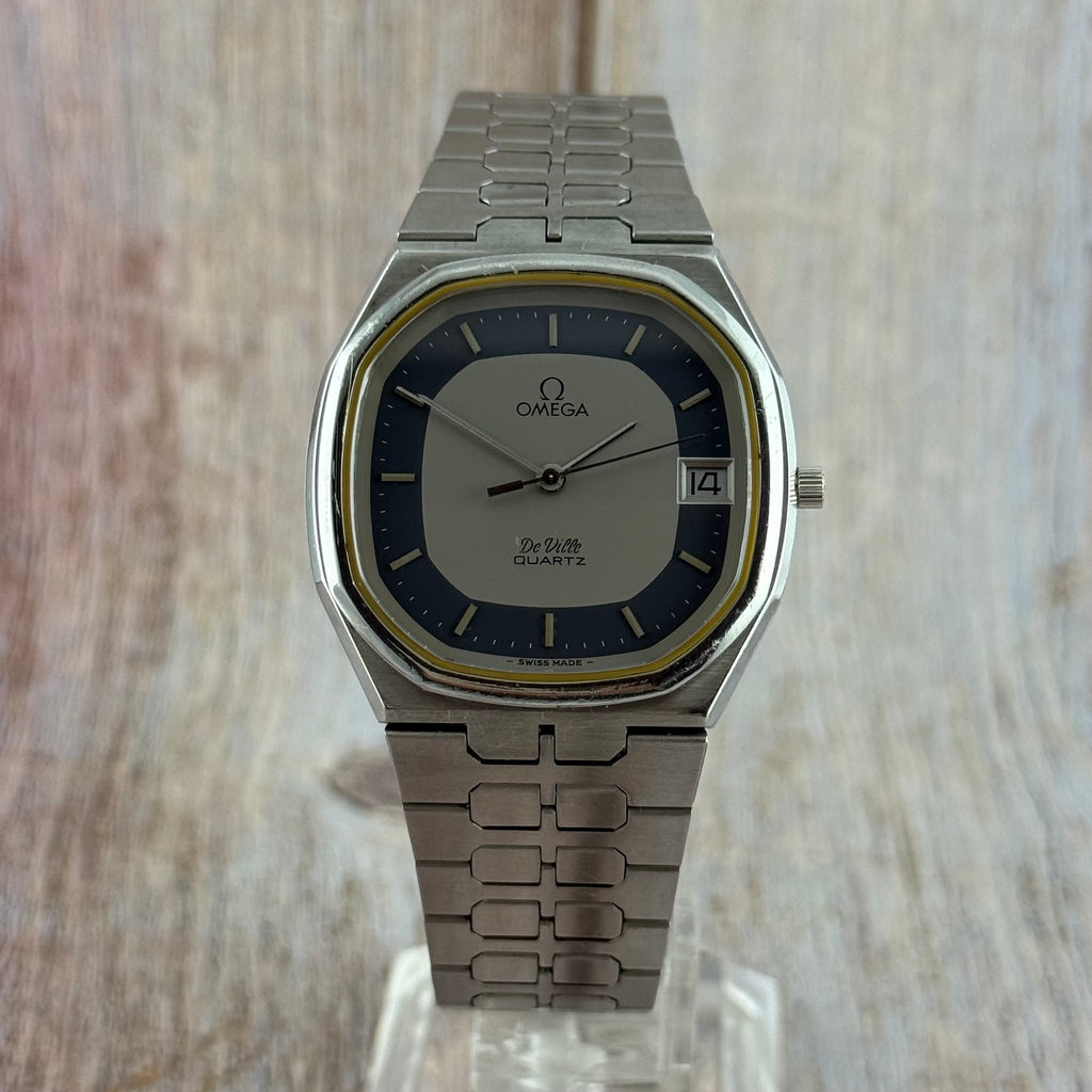 1970s Omega De Ville quartz men’s blue dial integrated bracelet wrist watch 35mm