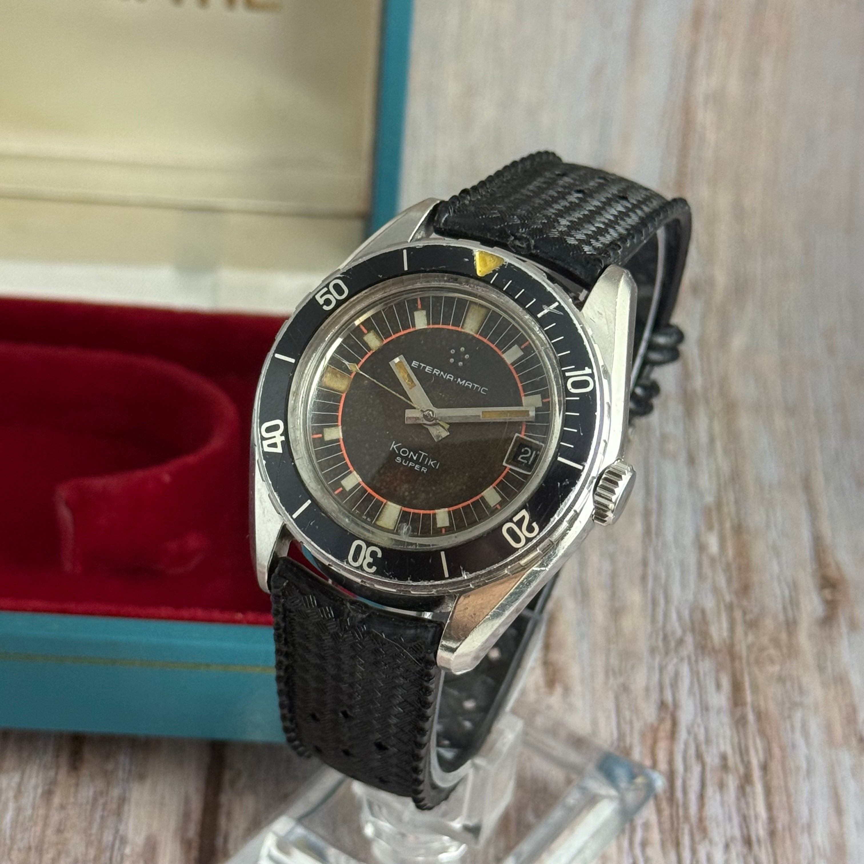 1970s Eterna-Matic KonTiki IDF military issue divers watch automatic boxed ‘chocolate’ tropical dial