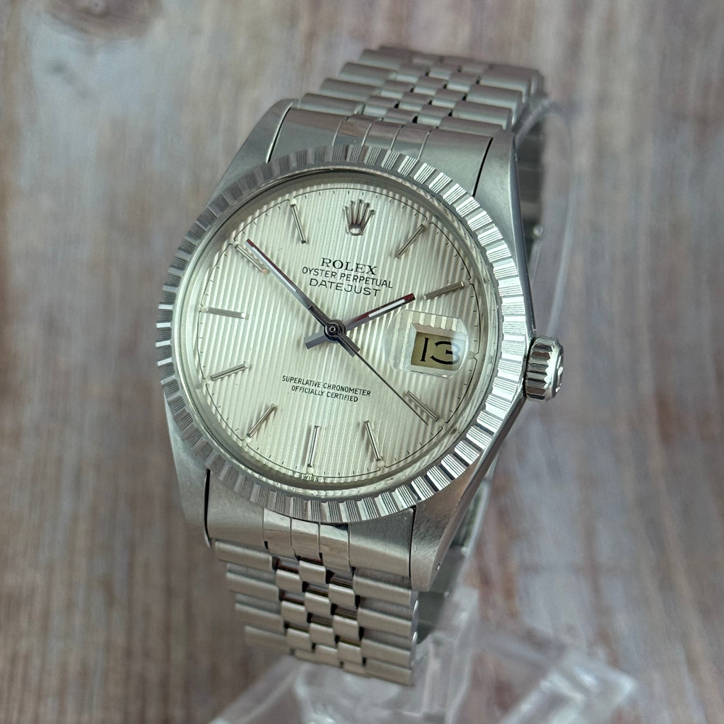 1986 Rolex Datejust 36 silver “tapestry” steel men’s watch boxed MINT CONDITION