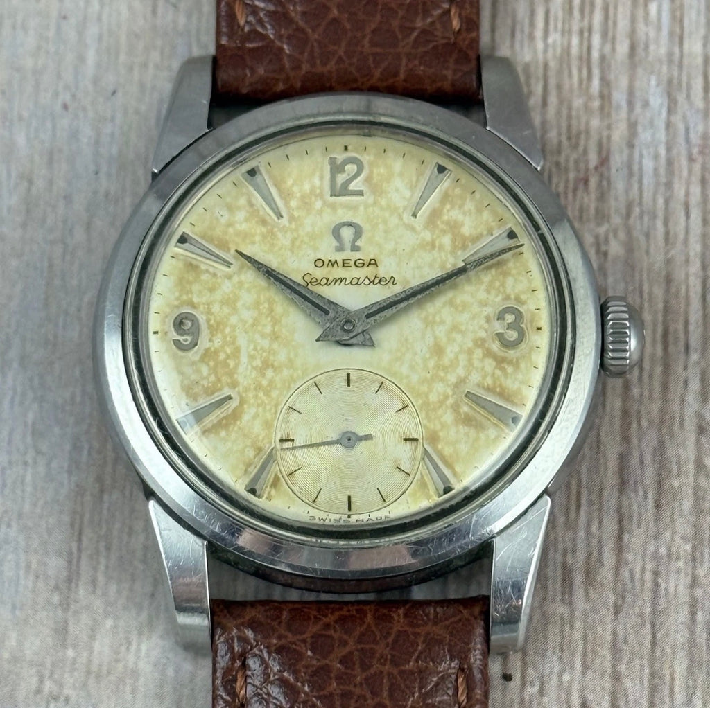 1954 Omega Seamaster Men’s Steel Watch ‘pumpkin’ Patina 34mm Vintage Manual