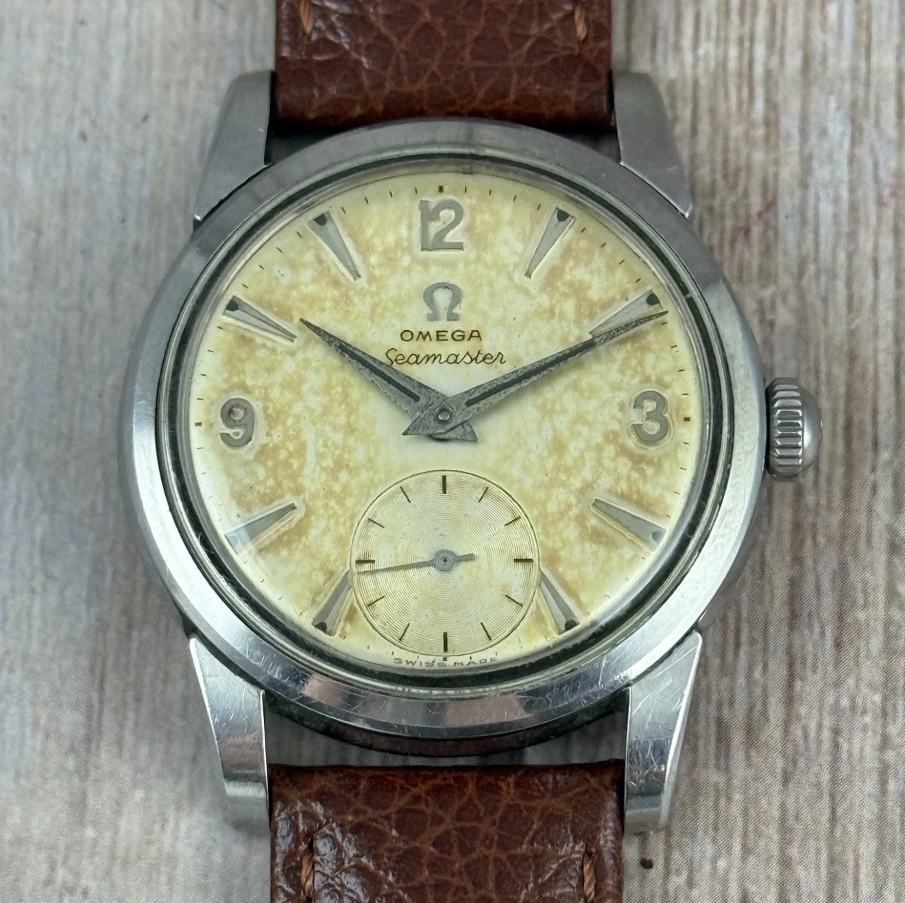 1954 Omega Seamaster Men’s Steel Watch ‘pumpkin’ Patina 34mm Vintage Manual