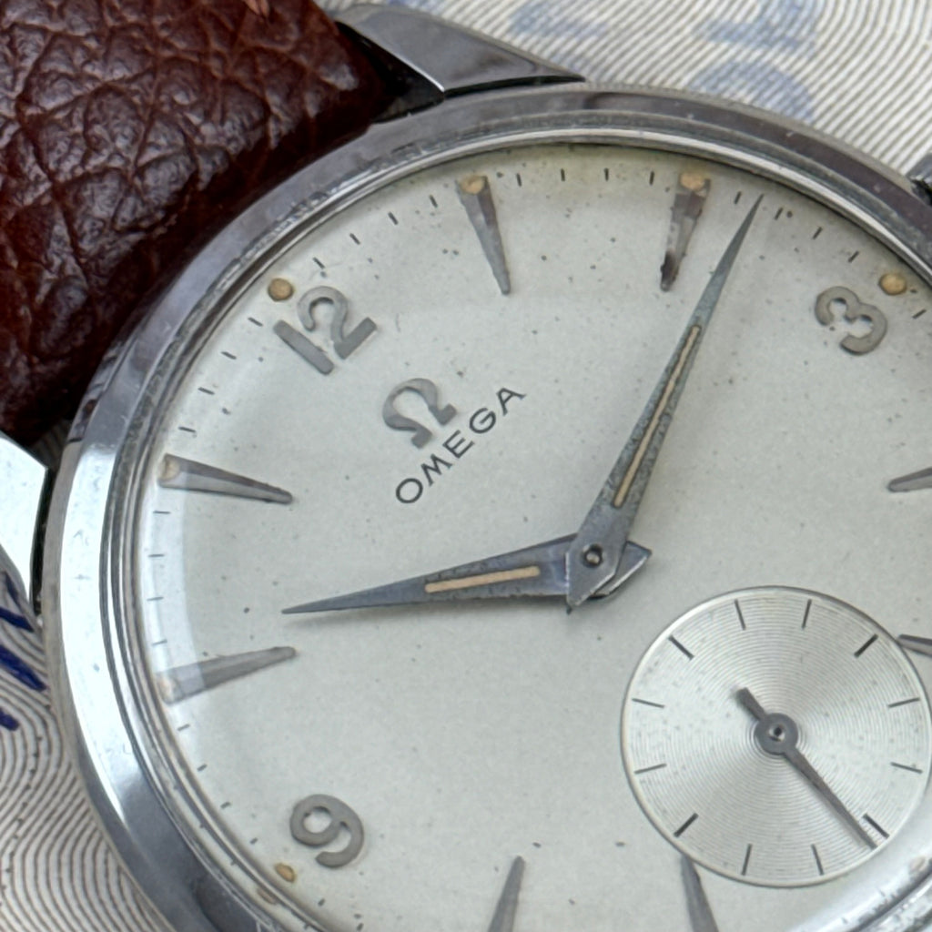 1958 Omega gentlemen’s steel wrist watch manual wind 34mm with papers ref (13332)