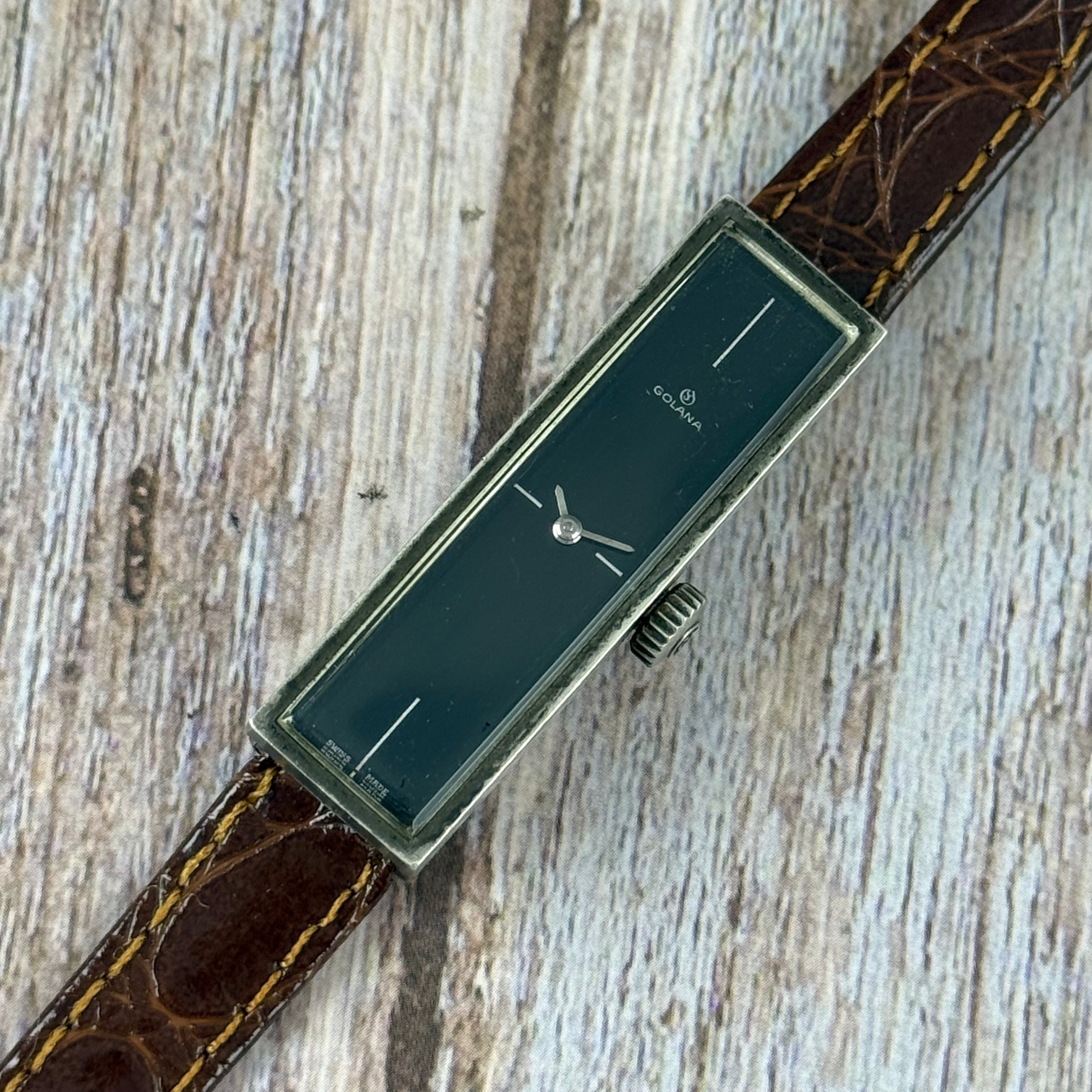 1970s .925 solid silver case Golana unisex watch manual wind ‘minimalist tank’ 12 x 40mm