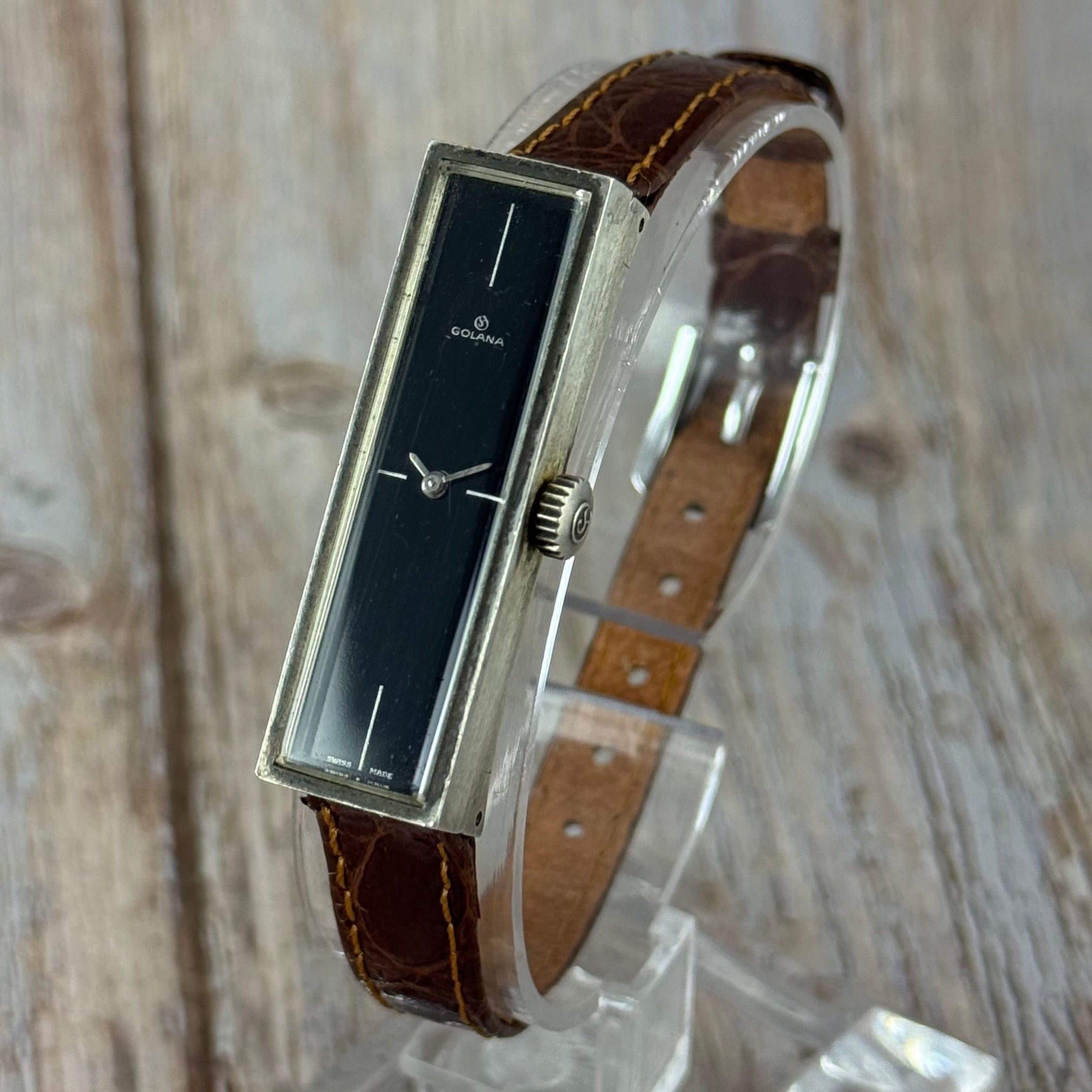 1970s .925 solid silver case Golana unisex watch manual wind ‘minimalist tank’ 12 x 40mm