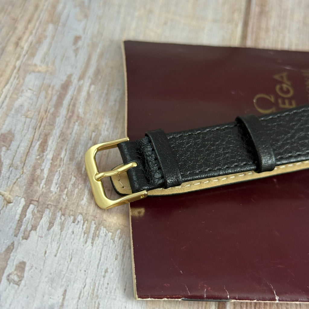 9ct solid gold Omega quartz men’s wrist watch 34mm with guarantee circa 1988