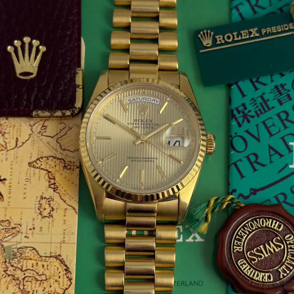 1989 Rolex Day-Date 36 ‘President’ men’s yellow gold watch tapestry dial gold jubilee bracelet, box & booklets