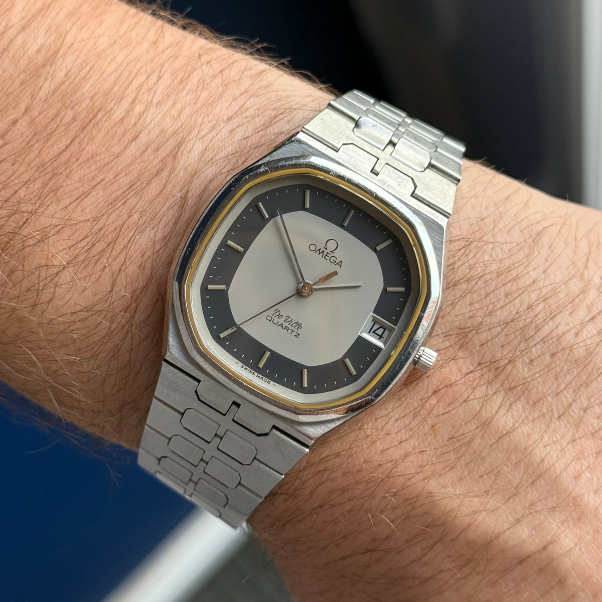 1970s Omega De Ville quartz men’s blue dial integrated bracelet wrist watch 35mm