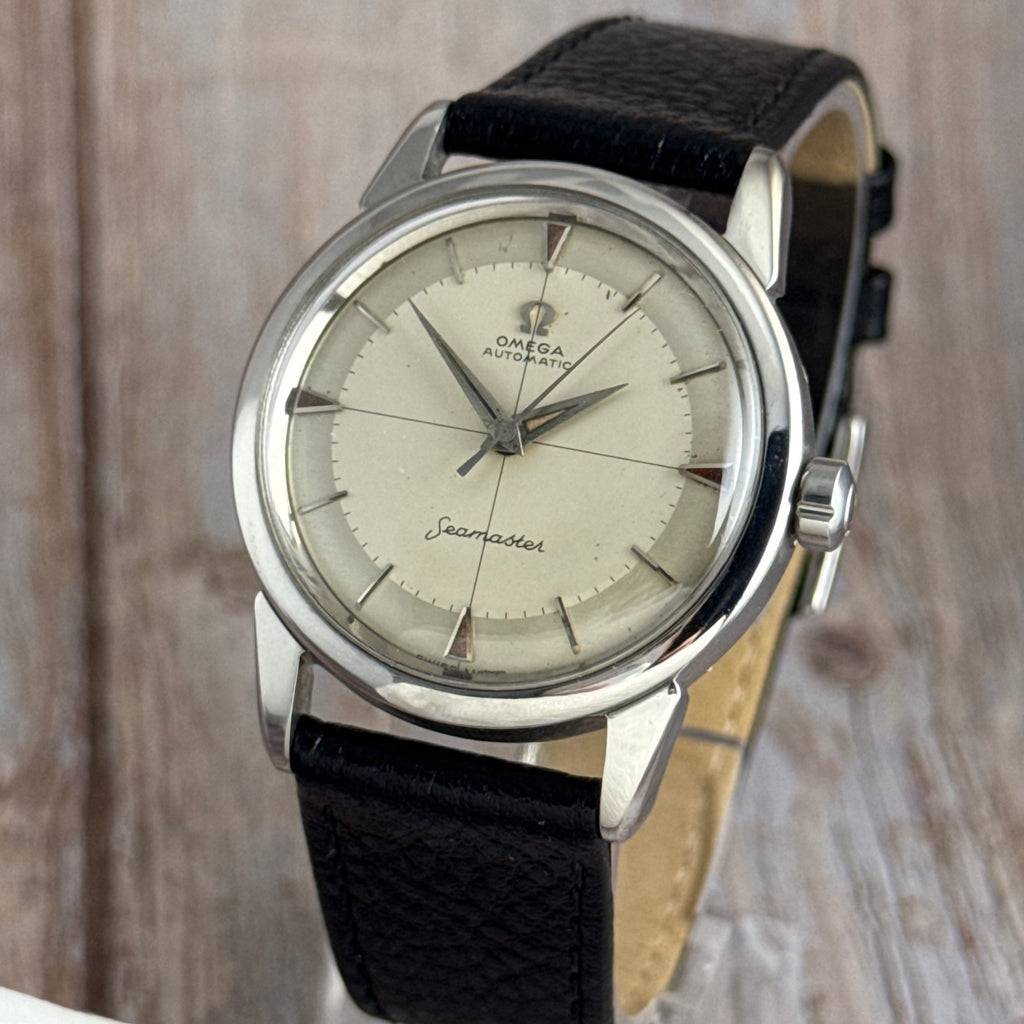 1958 Omega Seamaster automatic men’s cross-hair wrist watch two tone dial steel