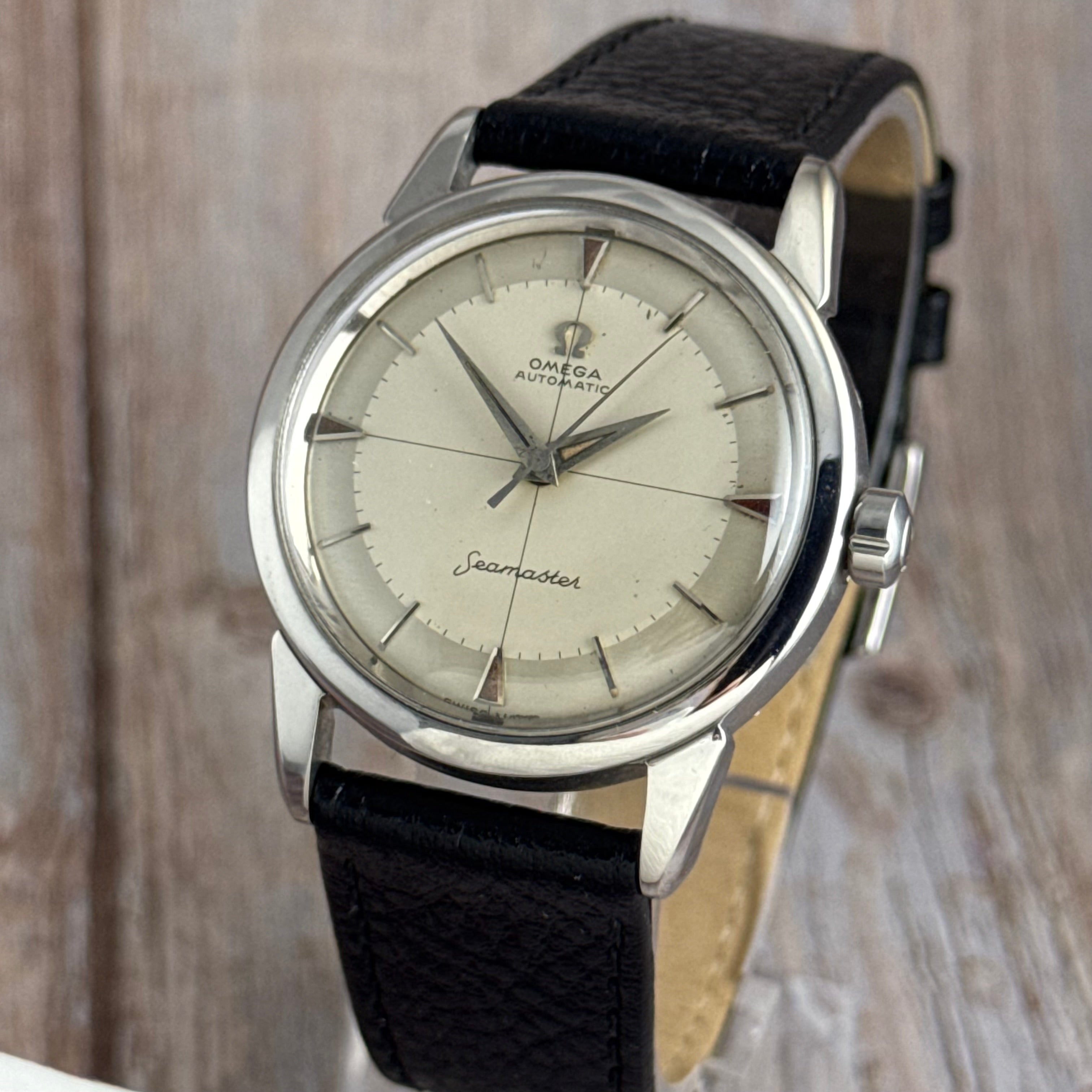 1958 Omega Seamaster automatic men’s cross-hair wrist watch two tone dial steel