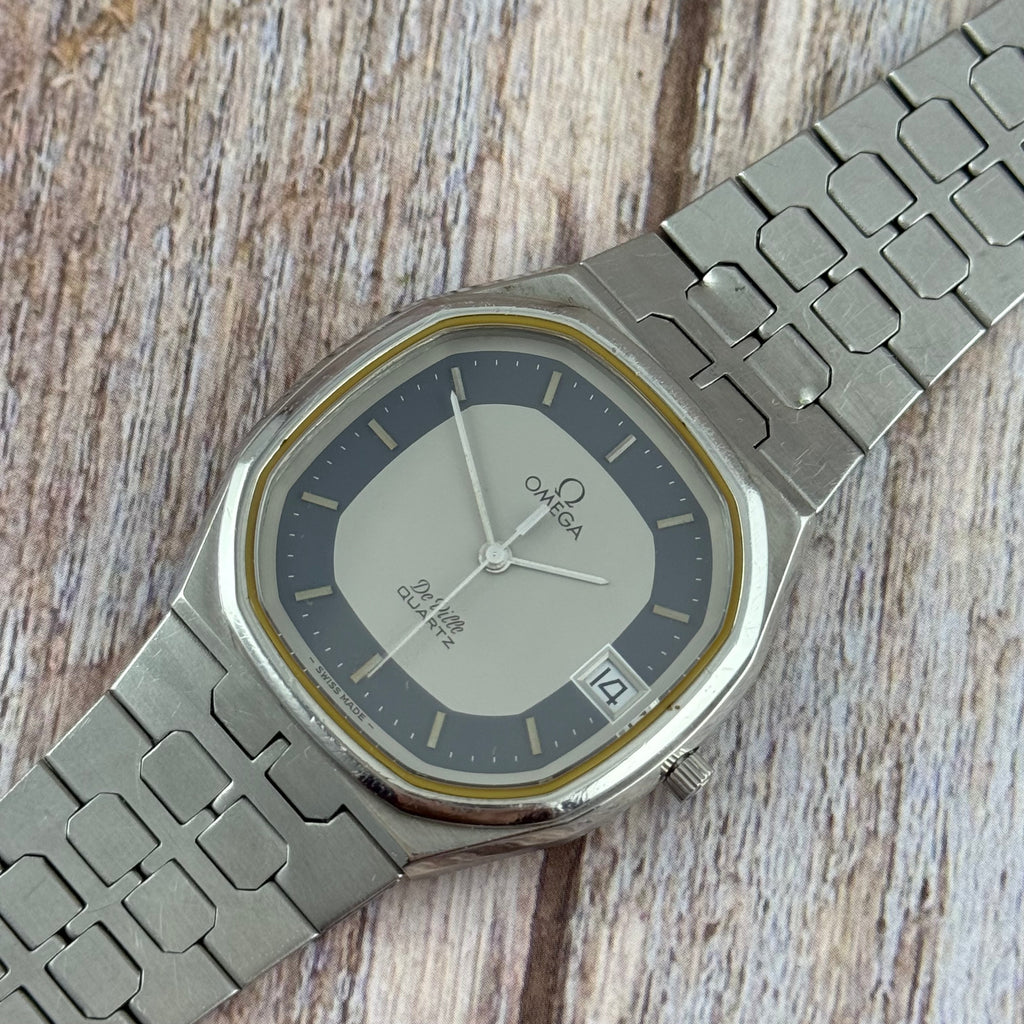 1970s Omega De Ville quartz men’s blue dial integrated bracelet wrist watch 35mm