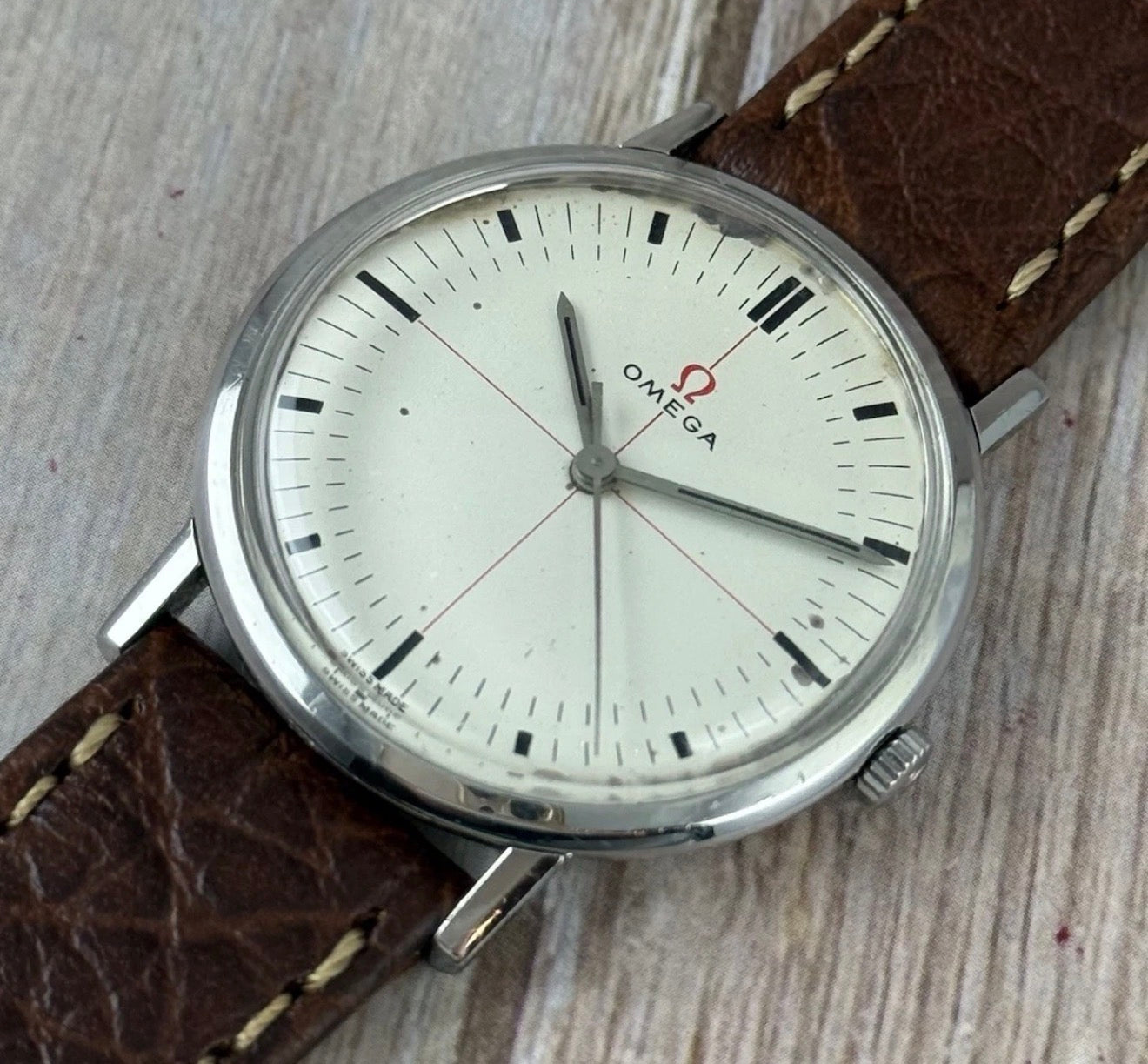 1965 Omega Technical Red Cross Hair Dial Men’s Manual Wind Watch (131.019)