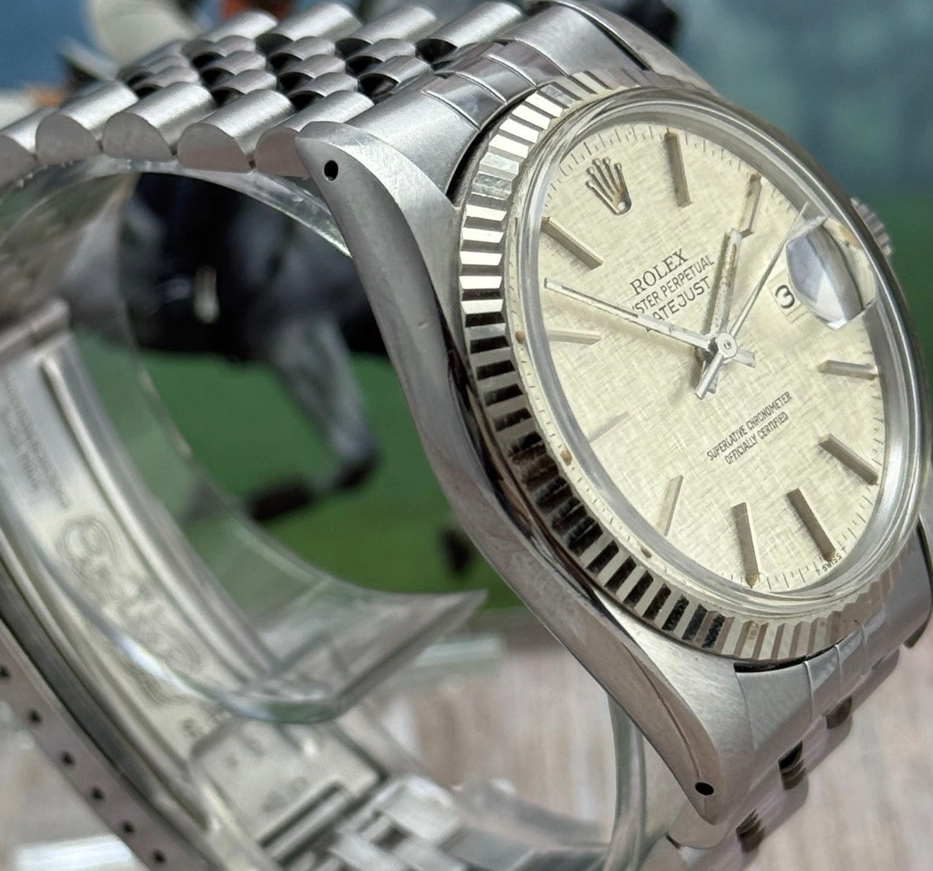 1980 Rolex Datejust 36 16014 Linen Dial 18ct Gold Bezel Full Set