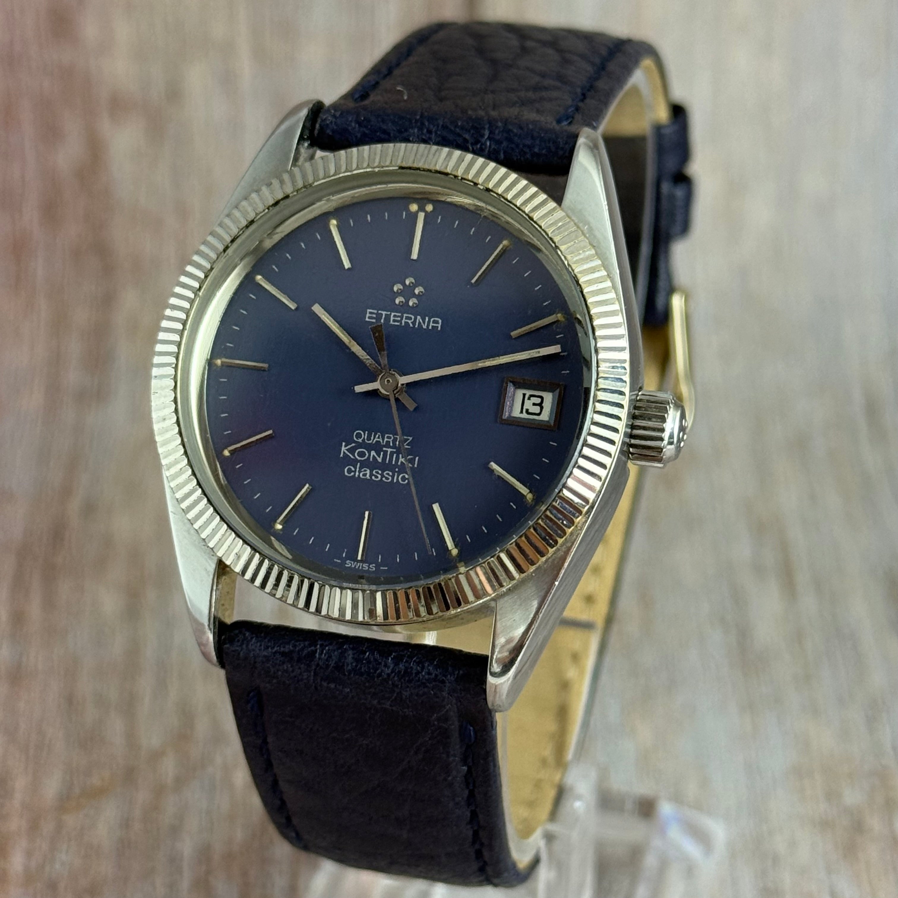Vintage Eterna KonTiki Classic Quartz Blue Dial Men’s Watch 35mm Working