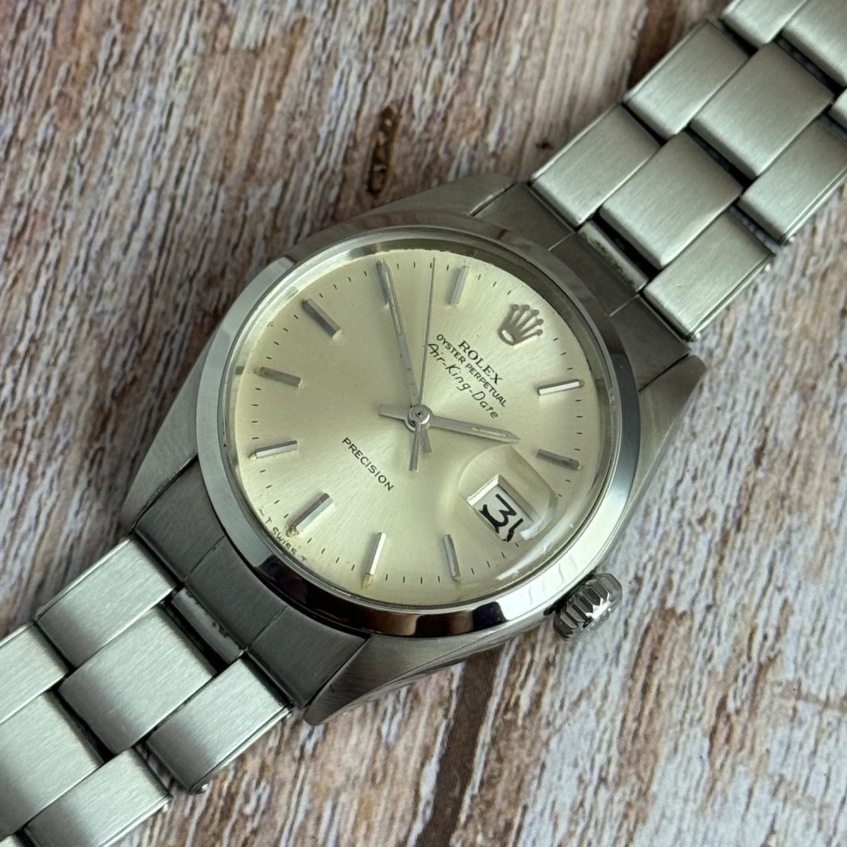 1971 Rolex Air King Date precision men’s steel automatic wrist watch 35mm (5700)