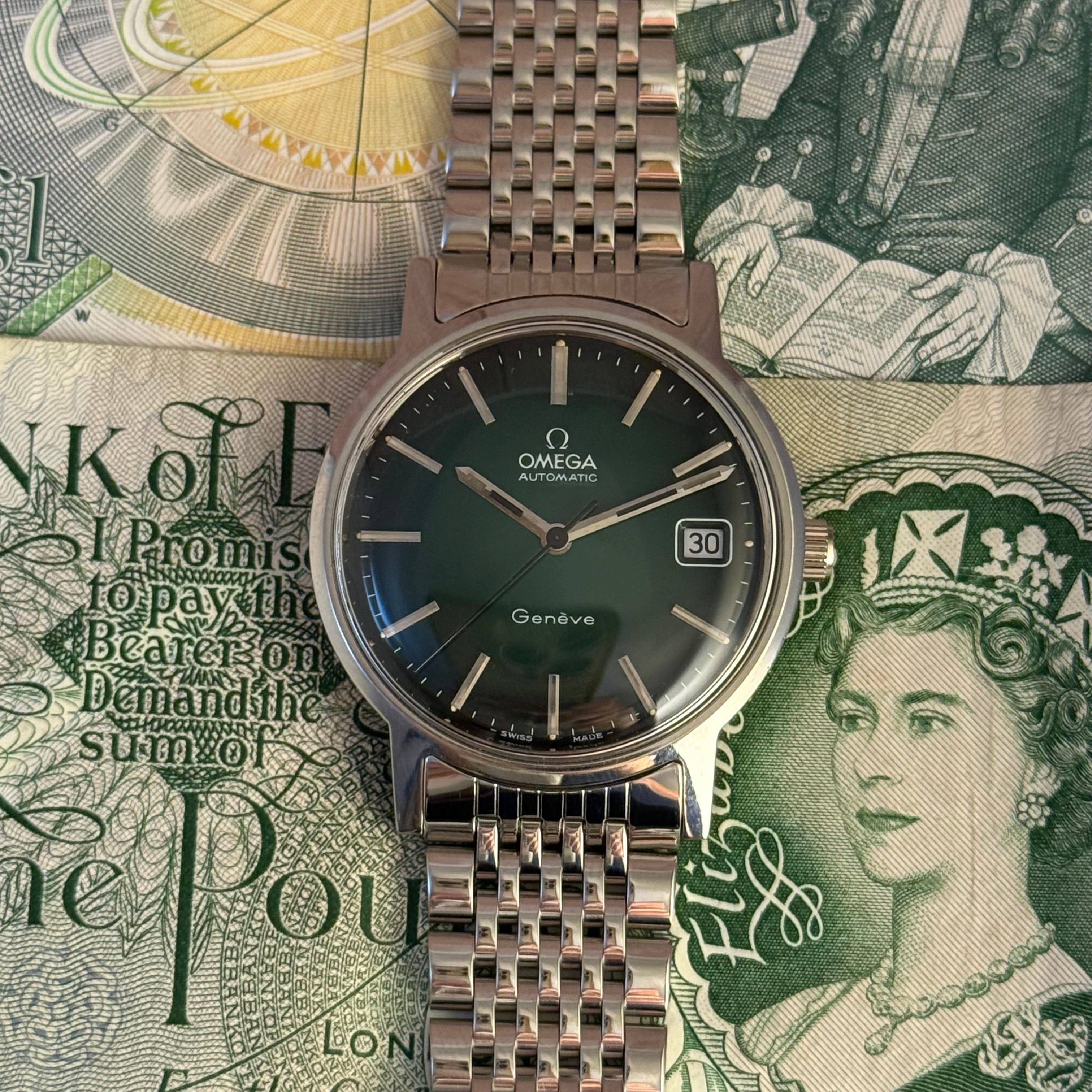 1972 Omega automatic Genéve green “money” dial men’s wrist watch