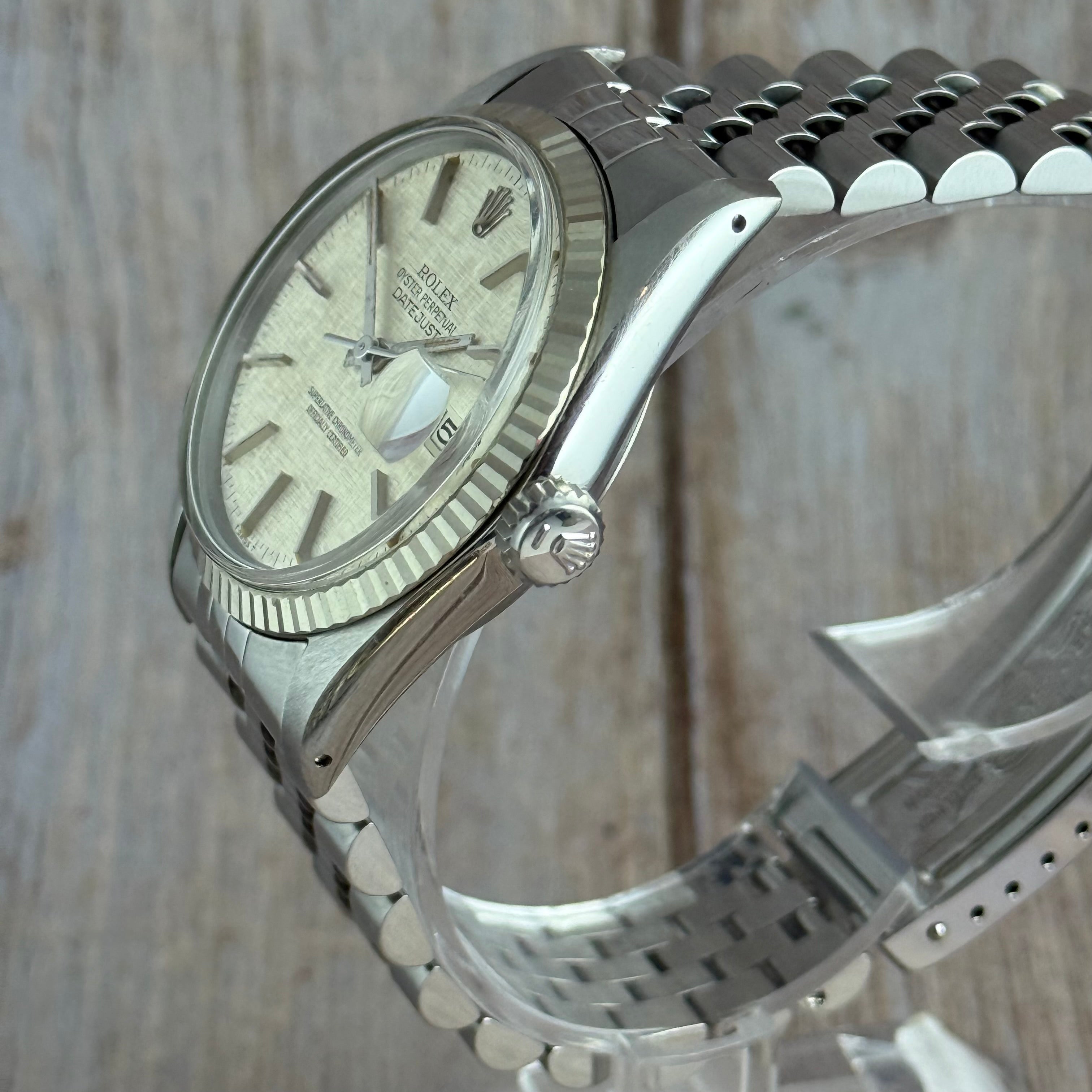 1980 ROLEX DATEJUST 36
16014 LINEN DIAL 18CT
GOLD BEZEL FULL SET