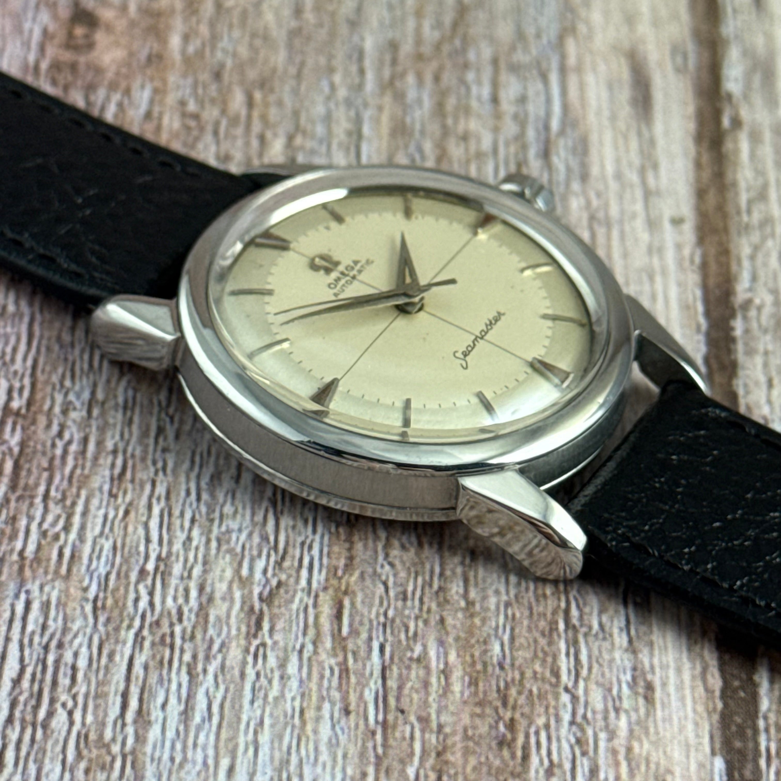 1958 Omega Seamaster automatic men’s cross-hair wrist watch two tone dial steel