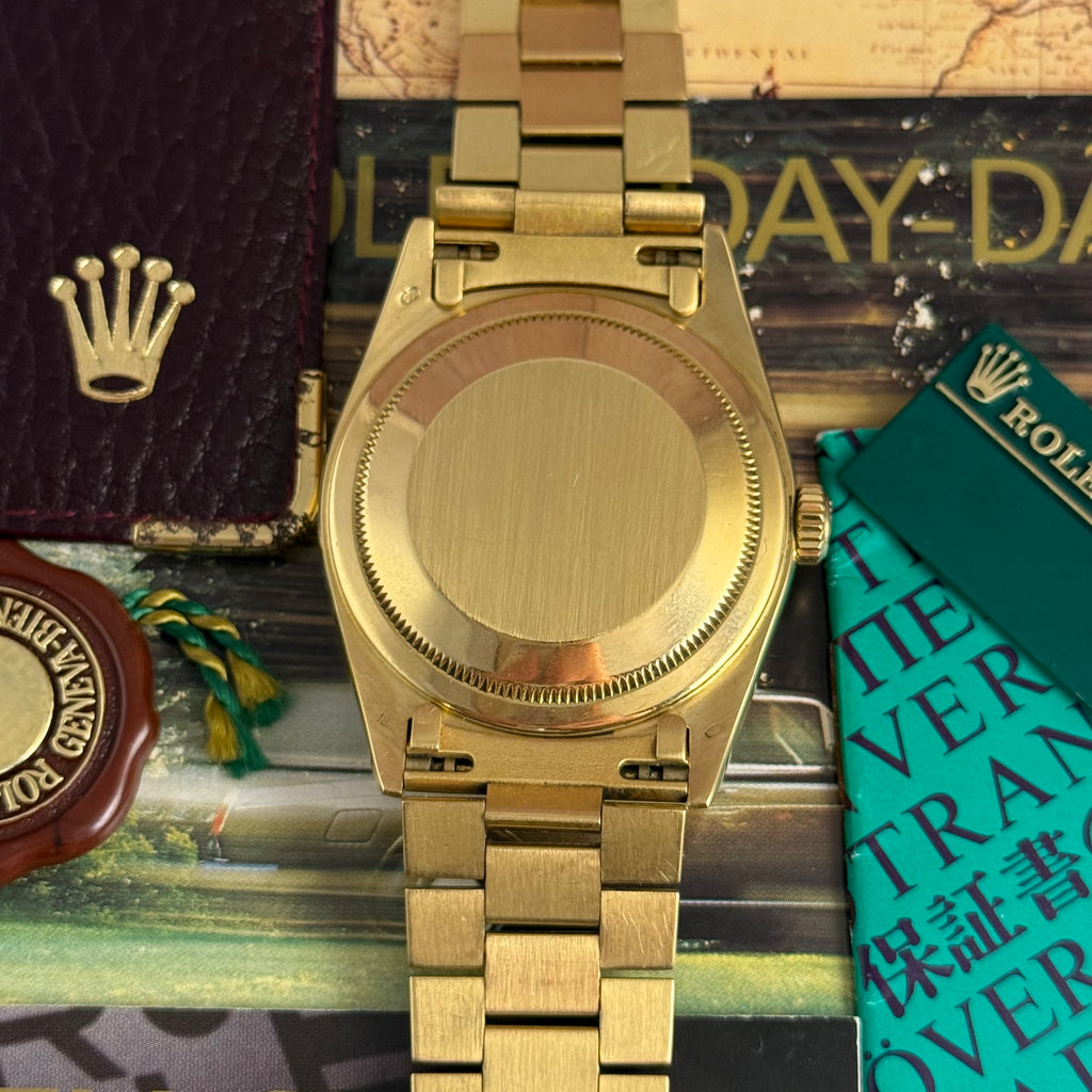 1989 Rolex Day-Date 36 ‘President’ men’s yellow gold watch tapestry dial gold jubilee bracelet, box & booklets