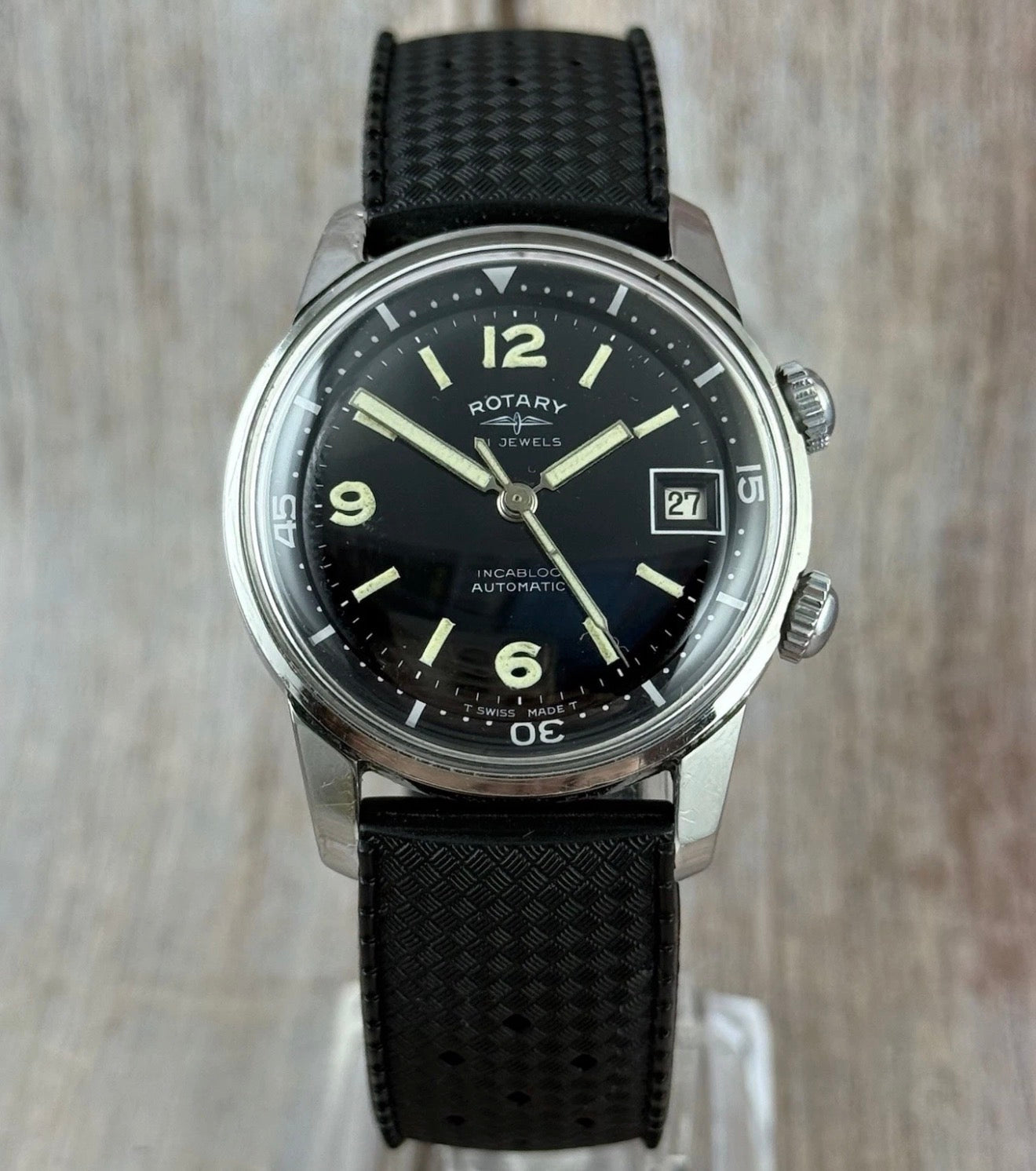 RARE VINTAGE ROTARY COMPRESSOR DIVER MEN WRISTWATCH 1960s Box & Papers 36mm