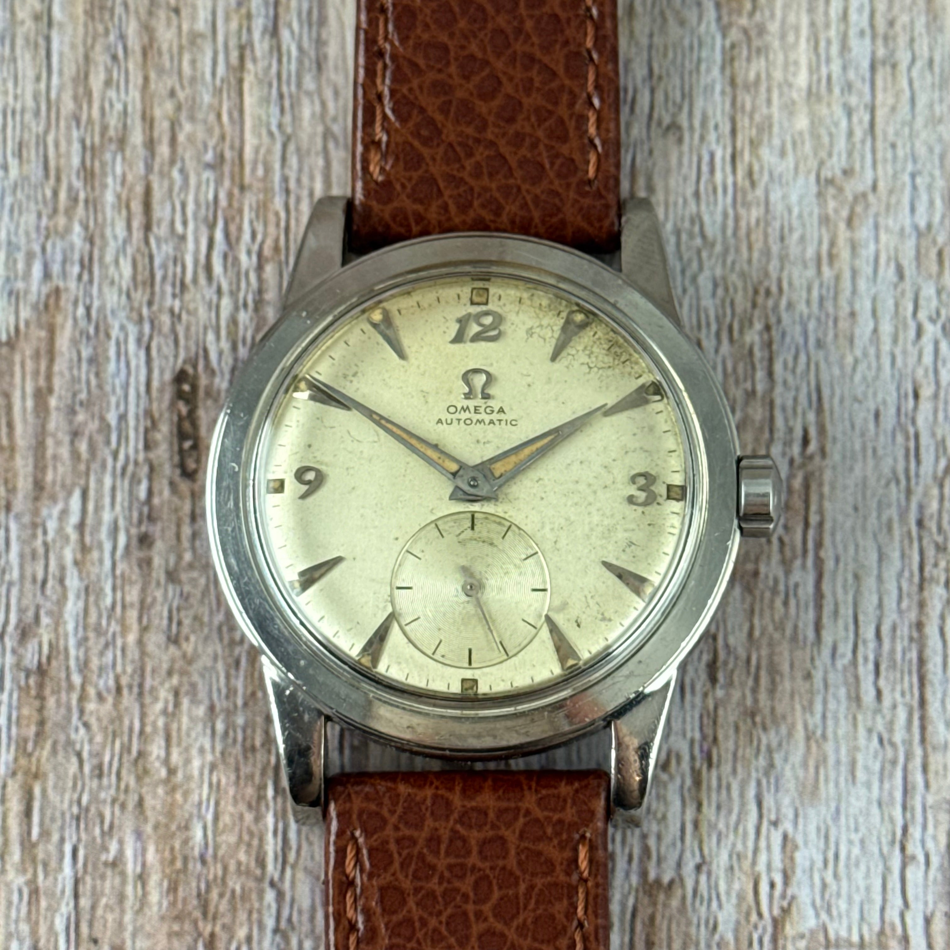 1950 Omega Seamaster “bumper” automatic breguet numerals men’s watch 35mm