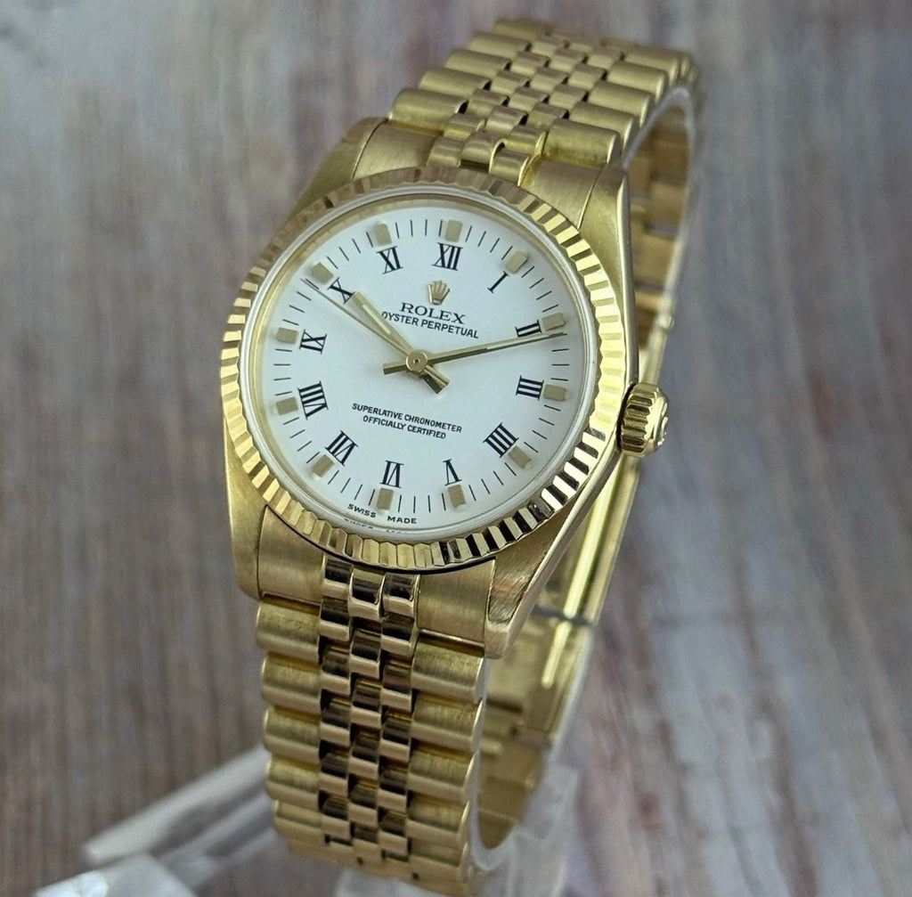 18ct Rolex Oyster Perpetual 31 Ladies Solid Gold Watch Bracelet Box Papers 1996