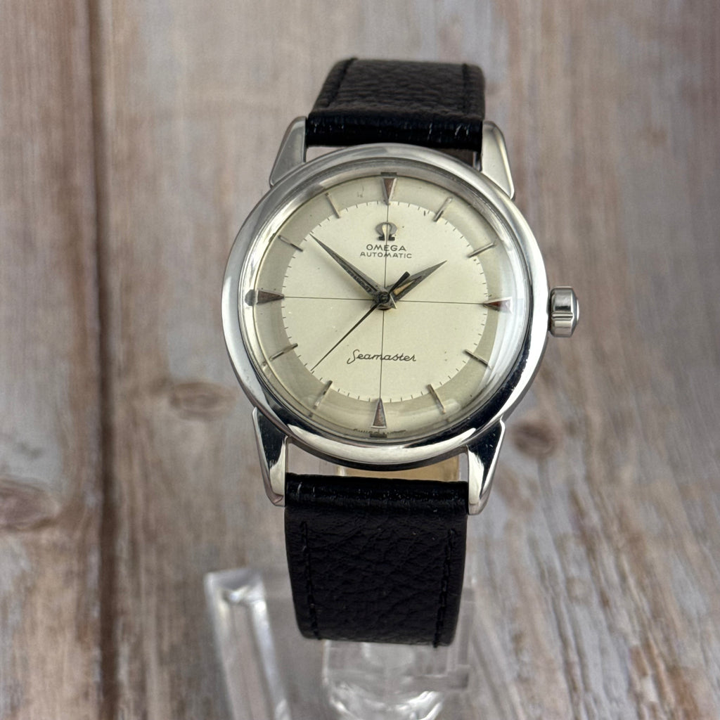 1958 Omega Seamaster automatic men’s cross-hair wrist watch two tone dial steel