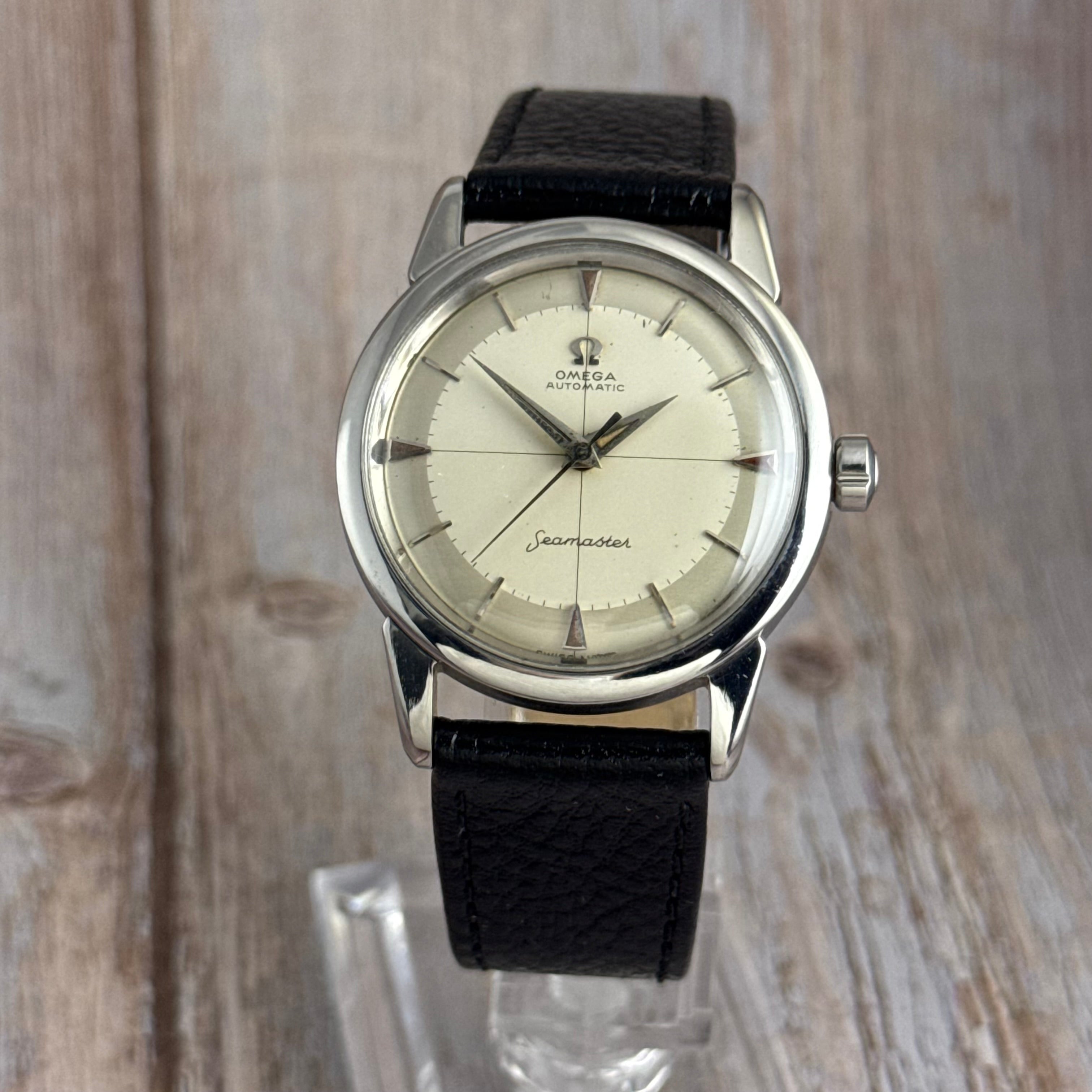 1958 Omega Seamaster automatic men’s cross-hair wrist watch two tone dial steel