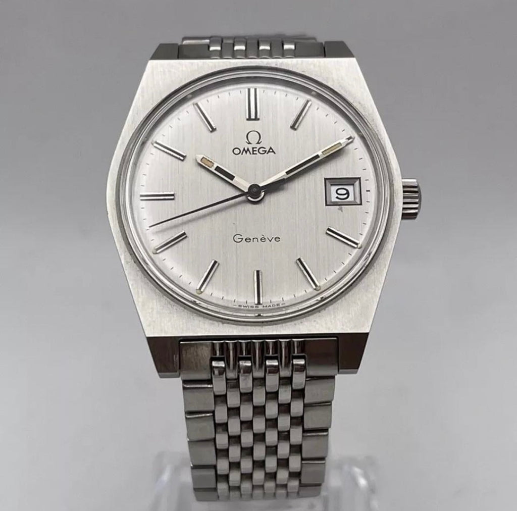 NOS Omega Geneve men’s steel wrist watch w box & papers (136.0049) UNWORN