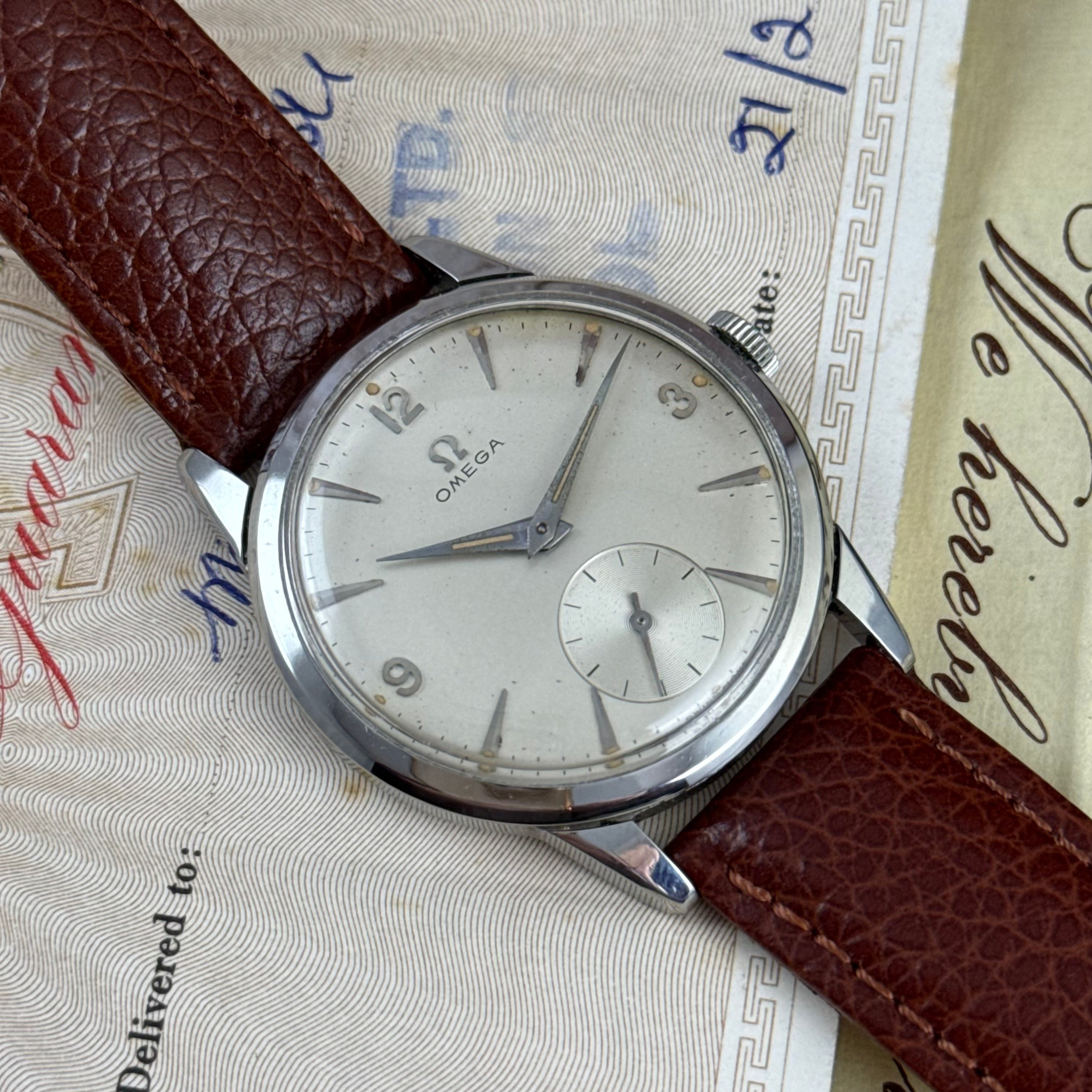 1958 Omega gentlemen’s steel wrist watch manual wind 34mm with papers ref (13332)
