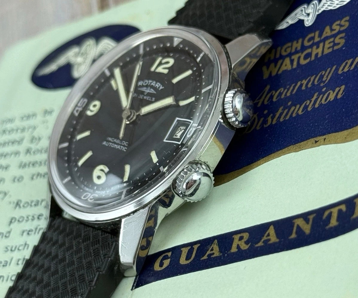 RARE VINTAGE ROTARY COMPRESSOR DIVER MEN WRISTWATCH 1960s Box & Papers 36mm