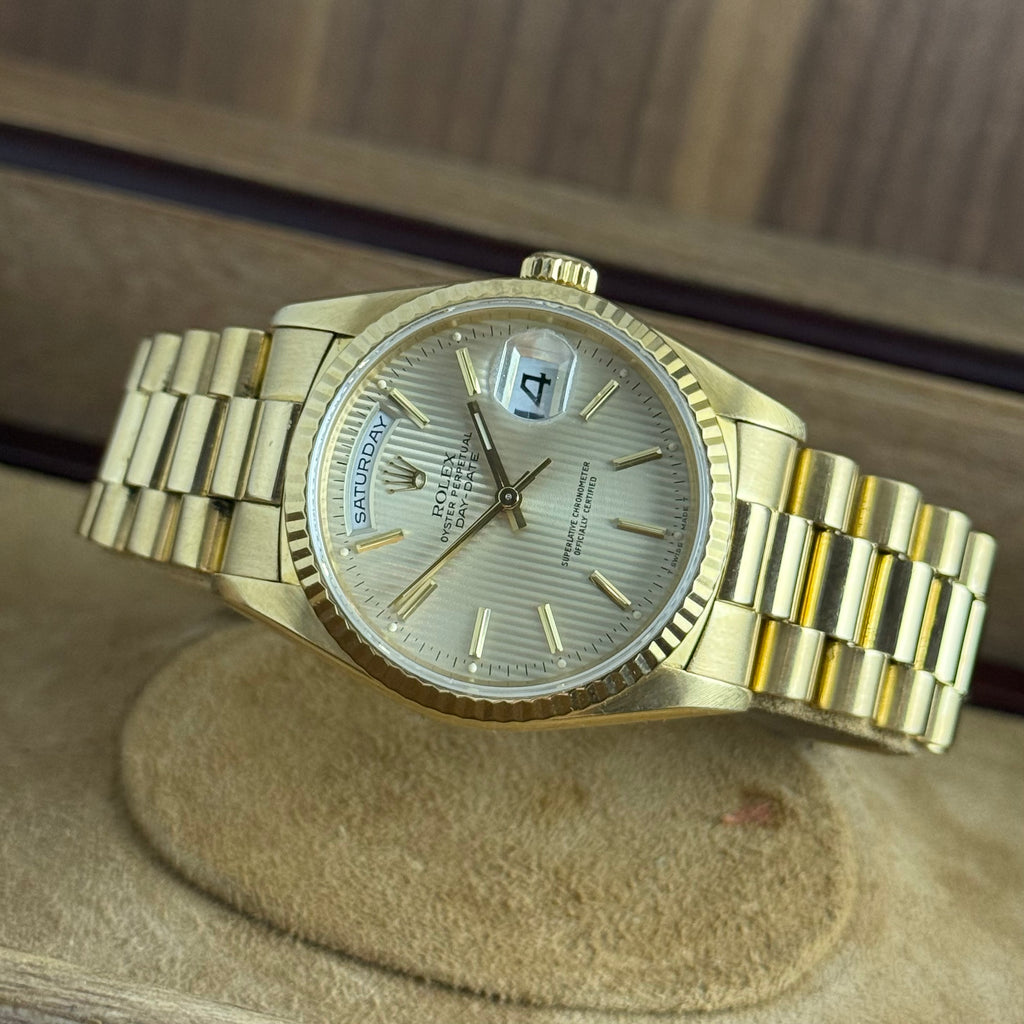 1989 Rolex Day-Date 36 ‘President’ men’s yellow gold watch tapestry dial gold jubilee bracelet, box & booklets