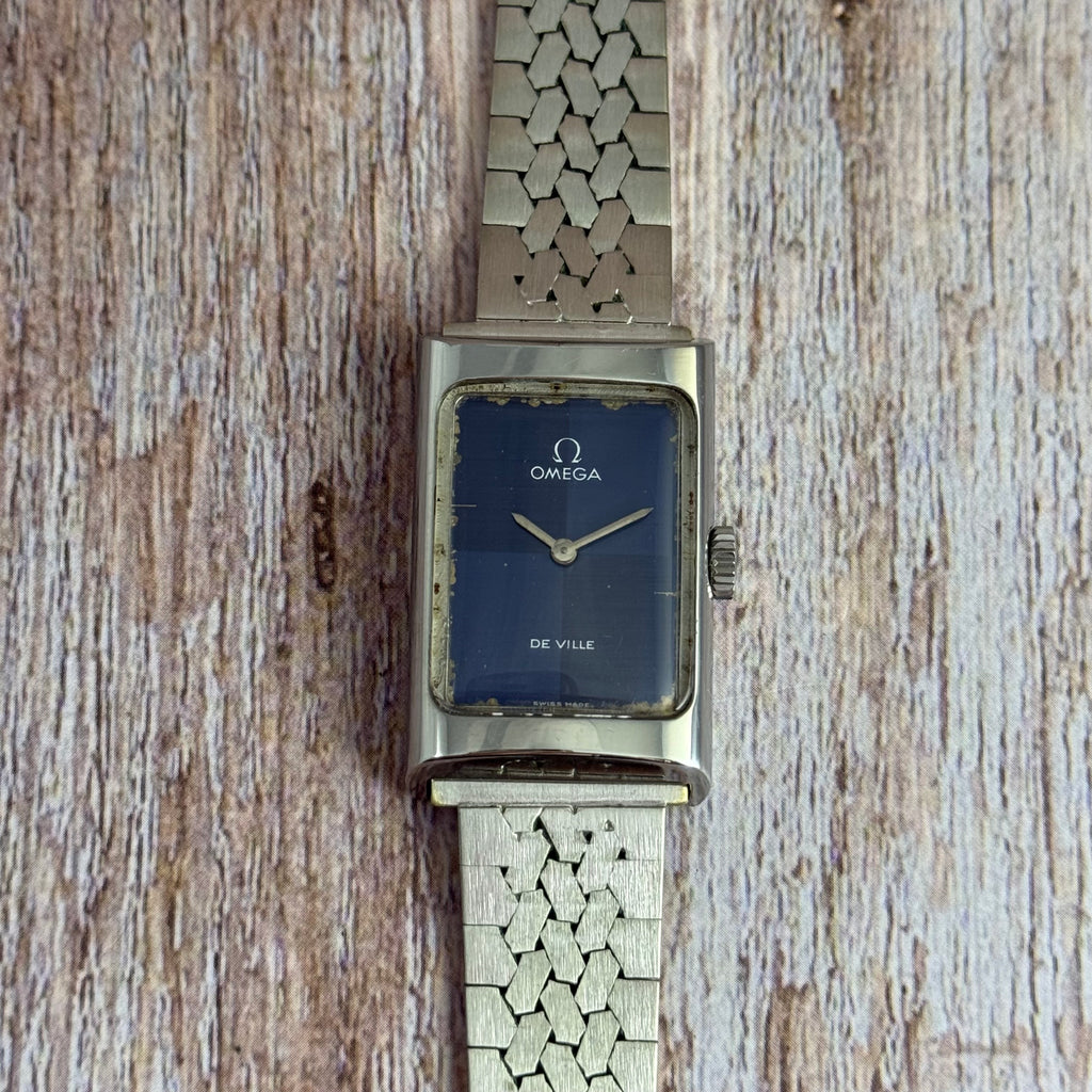 1973 Omega De Ville ladies tank watch manual wind blue dial SERVICED