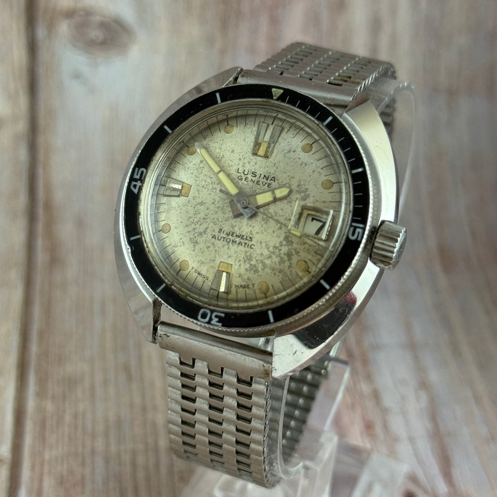 1960s Lusina Geneve Men’s Divers Watch Automatic 40mm Bakelite WORKING