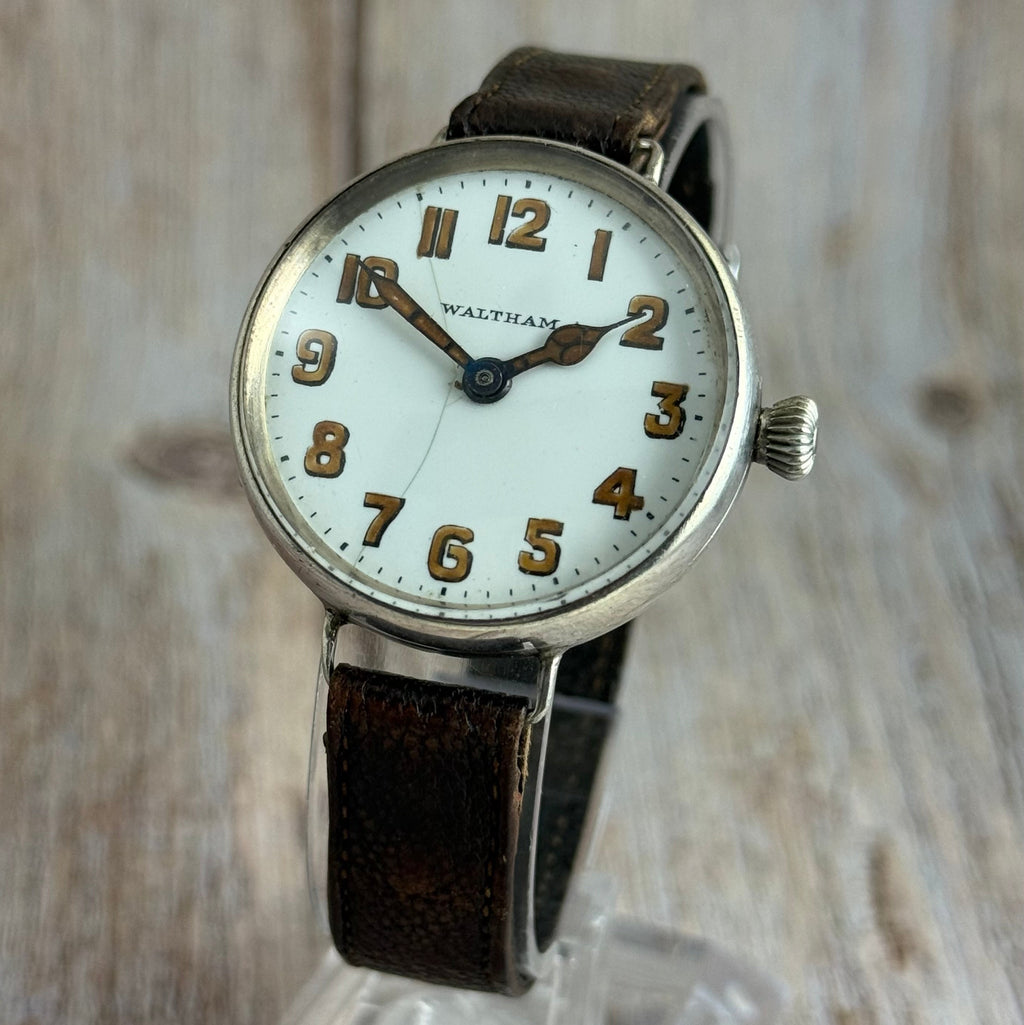 1910s Waltham Officers Trench wrist watch .925 solid silver case military style