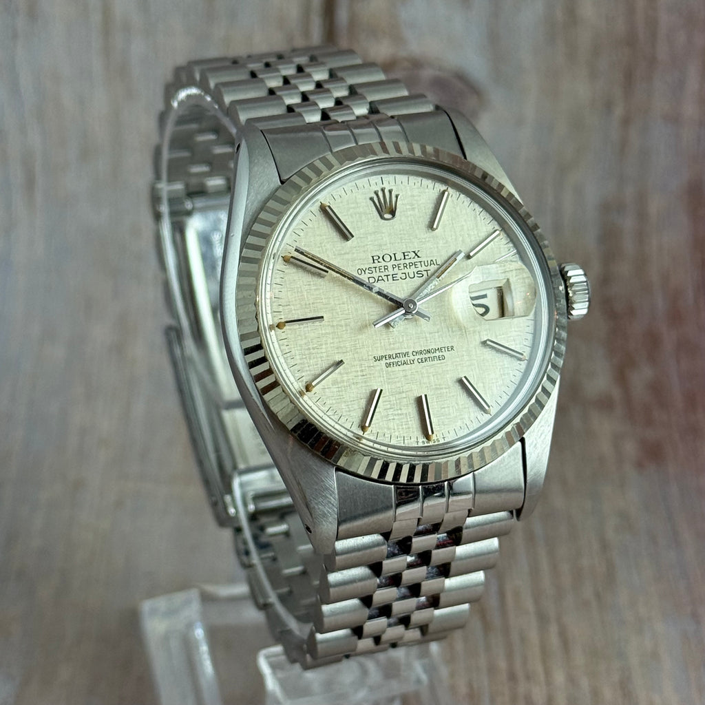 1980 ROLEX DATEJUST 36
16014 LINEN DIAL 18CT
GOLD BEZEL FULL SET