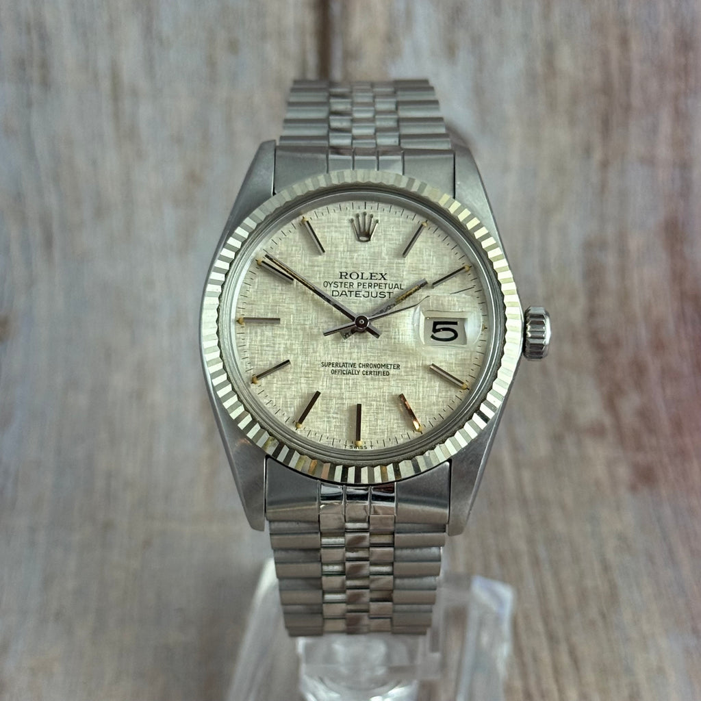 1980 ROLEX DATEJUST 36
16014 LINEN DIAL 18CT
GOLD BEZEL FULL SET