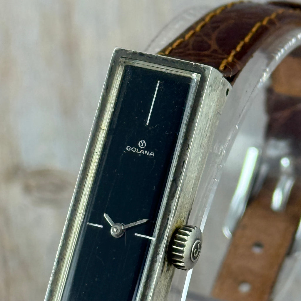 1970s .925 solid silver case Golana unisex watch manual wind ‘minimalist tank’ 12 x 40mm
